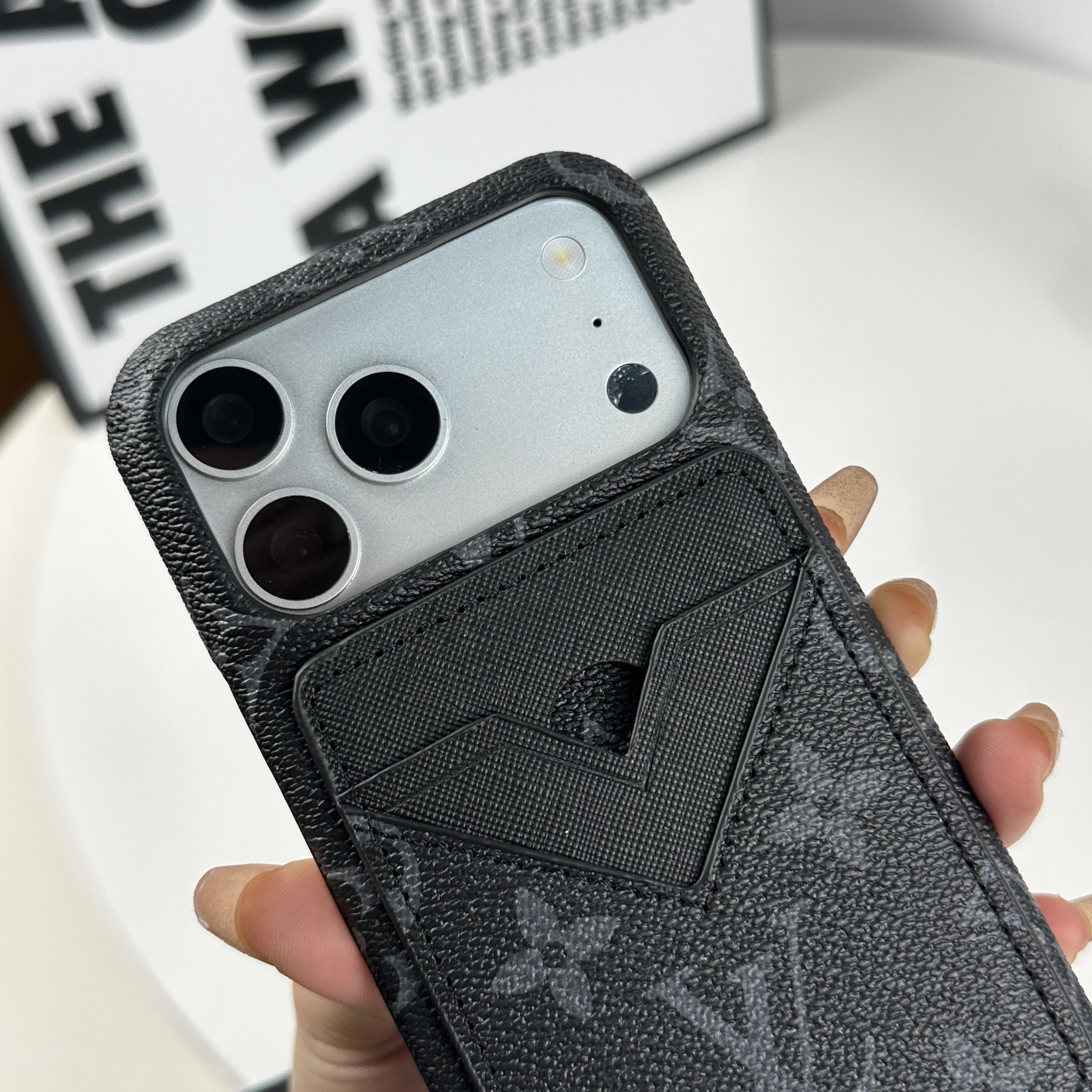 Classic Leather Monogram iPhone Case With Magnetic Card Holder Black Printing For iPhone 17 Series-CMLV085