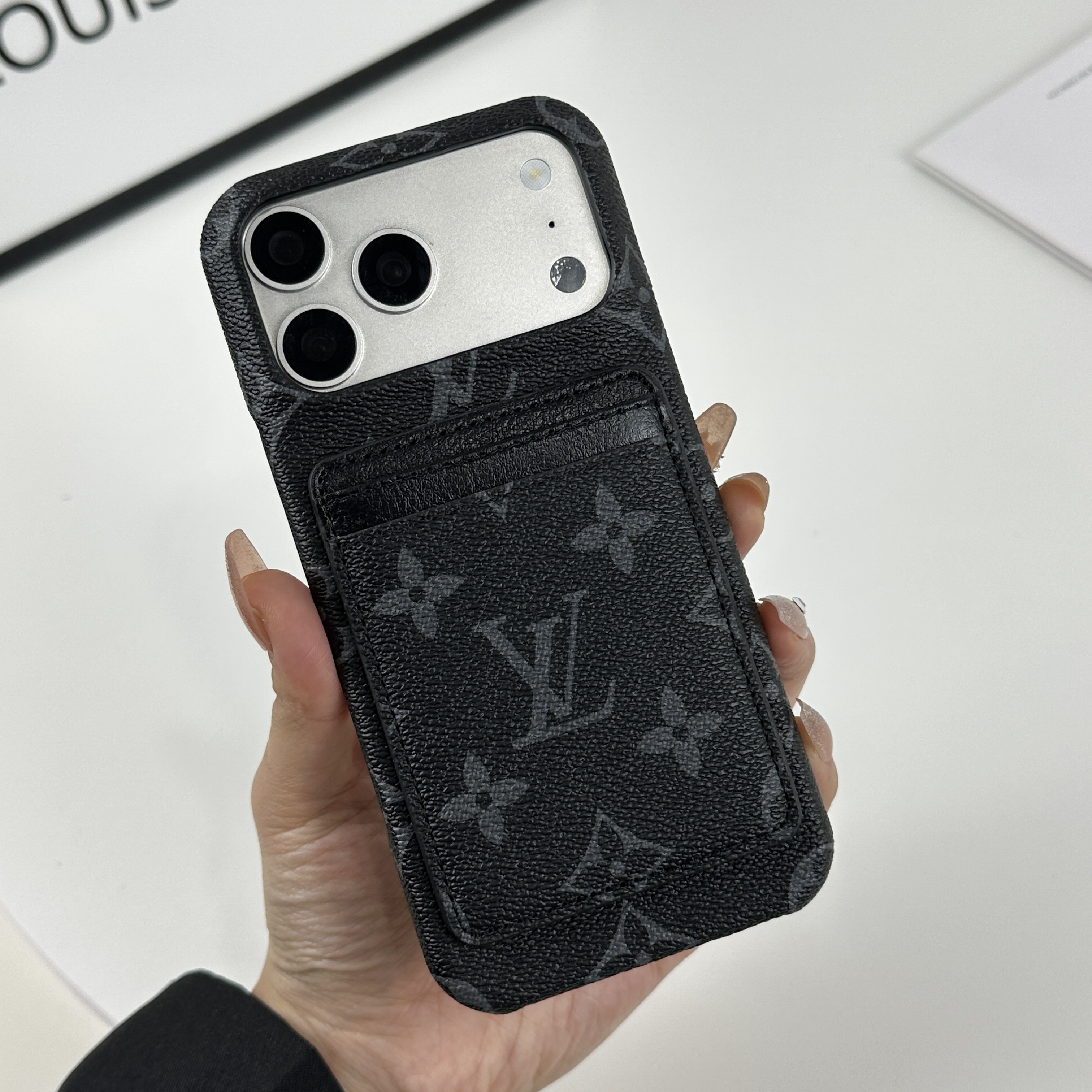 Leather Monogram iPhone Case With Magnetic Card Holder Black Printing For iPhone 17 Series-CMLV088