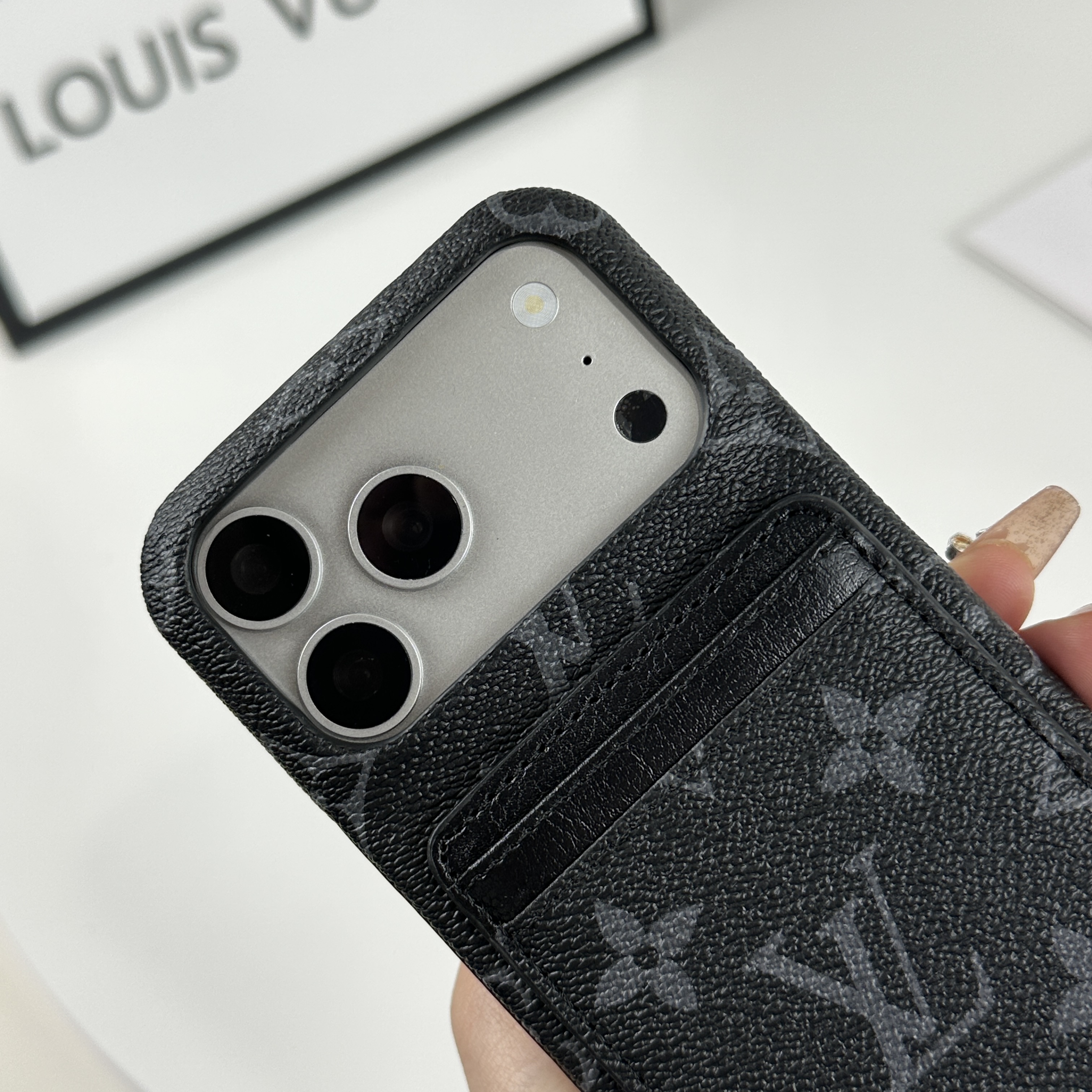 Leather Monogram iPhone Case With Magnetic Card Holder Black Printing For iPhone 17 Series-CMLV088