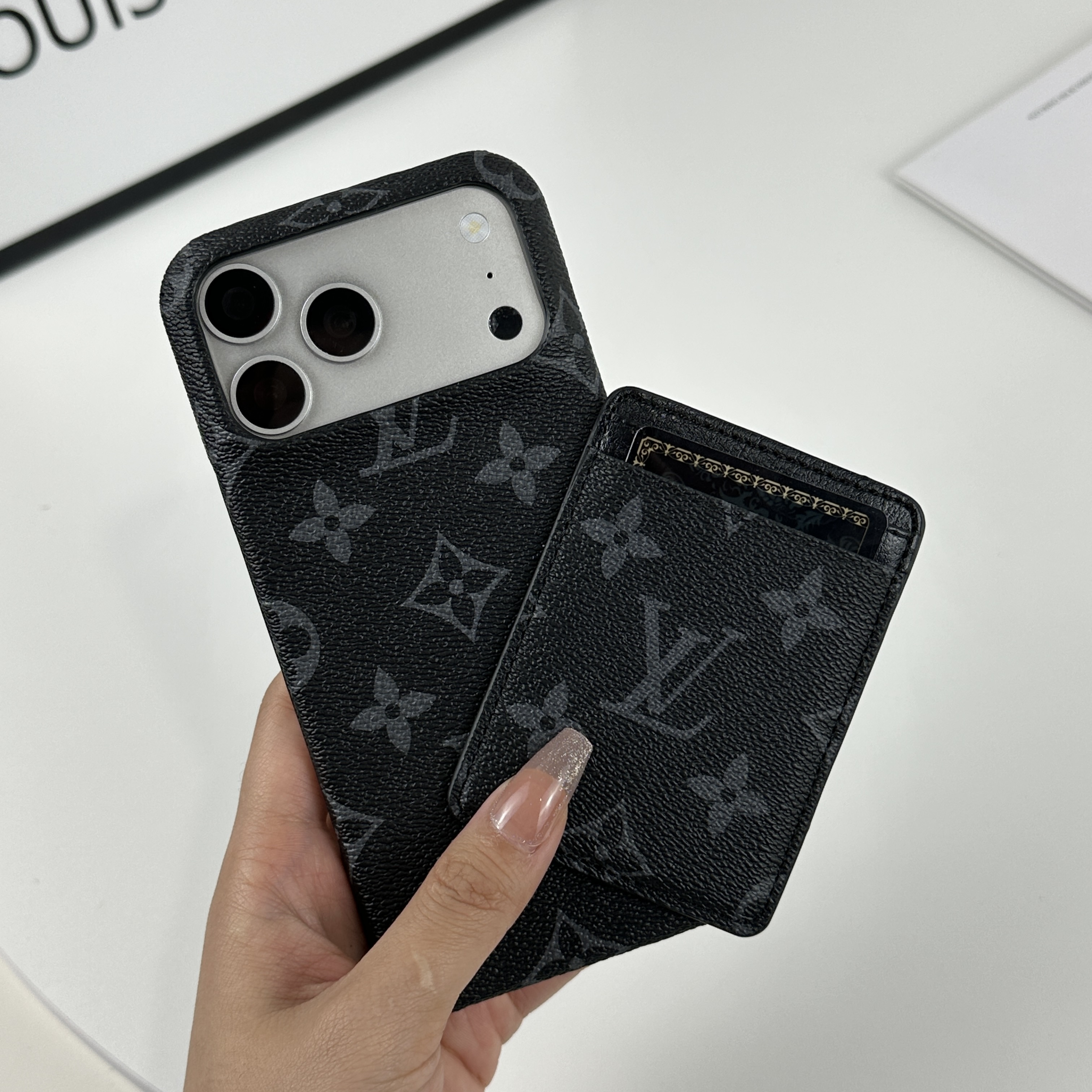 Leather Monogram iPhone Case With Magnetic Card Holder Black Printing For iPhone 17 Series-CMLV088