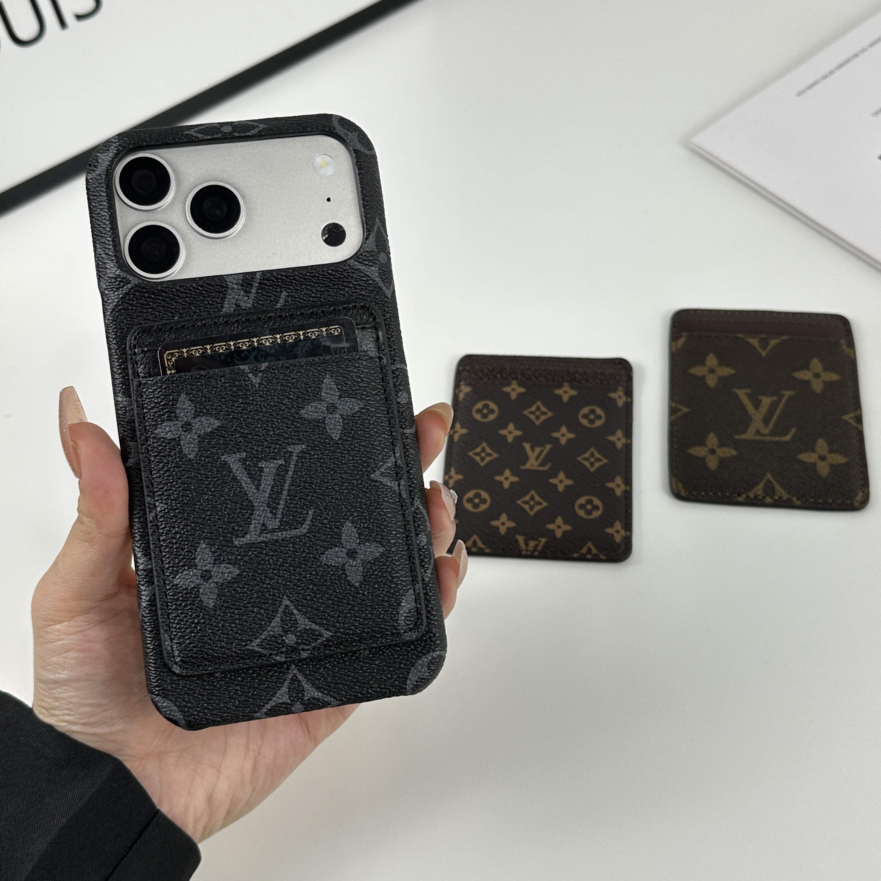 Leather Monogram iPhone Case With Magnetic Card Holder Black Printing For iPhone 17 Series-CMLV088