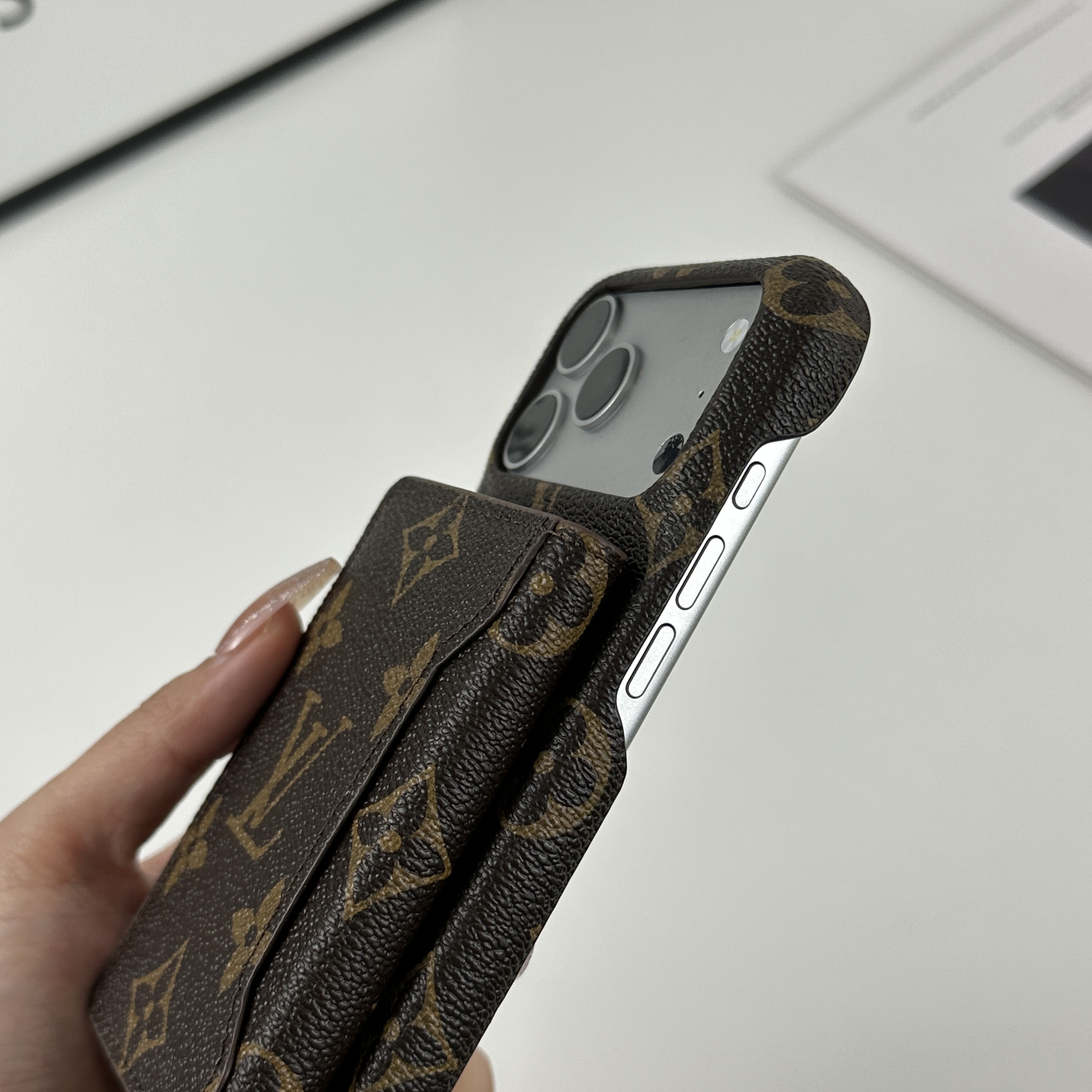 Classic Leather Monogram iPhone Case With Magnetic Wallet Big Printing For iPhone 17 Series-CMLV089