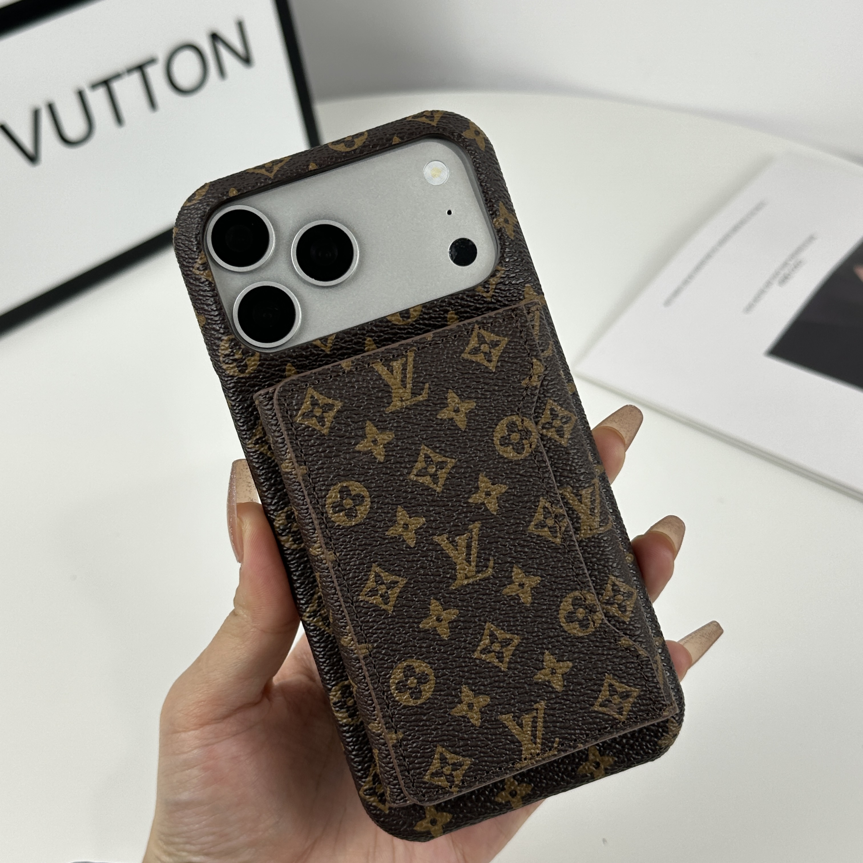 Stylish Leather Monogram iPhone Case With Magnetic Wallet Small Printing For iPhone 17 Series-CMLV090