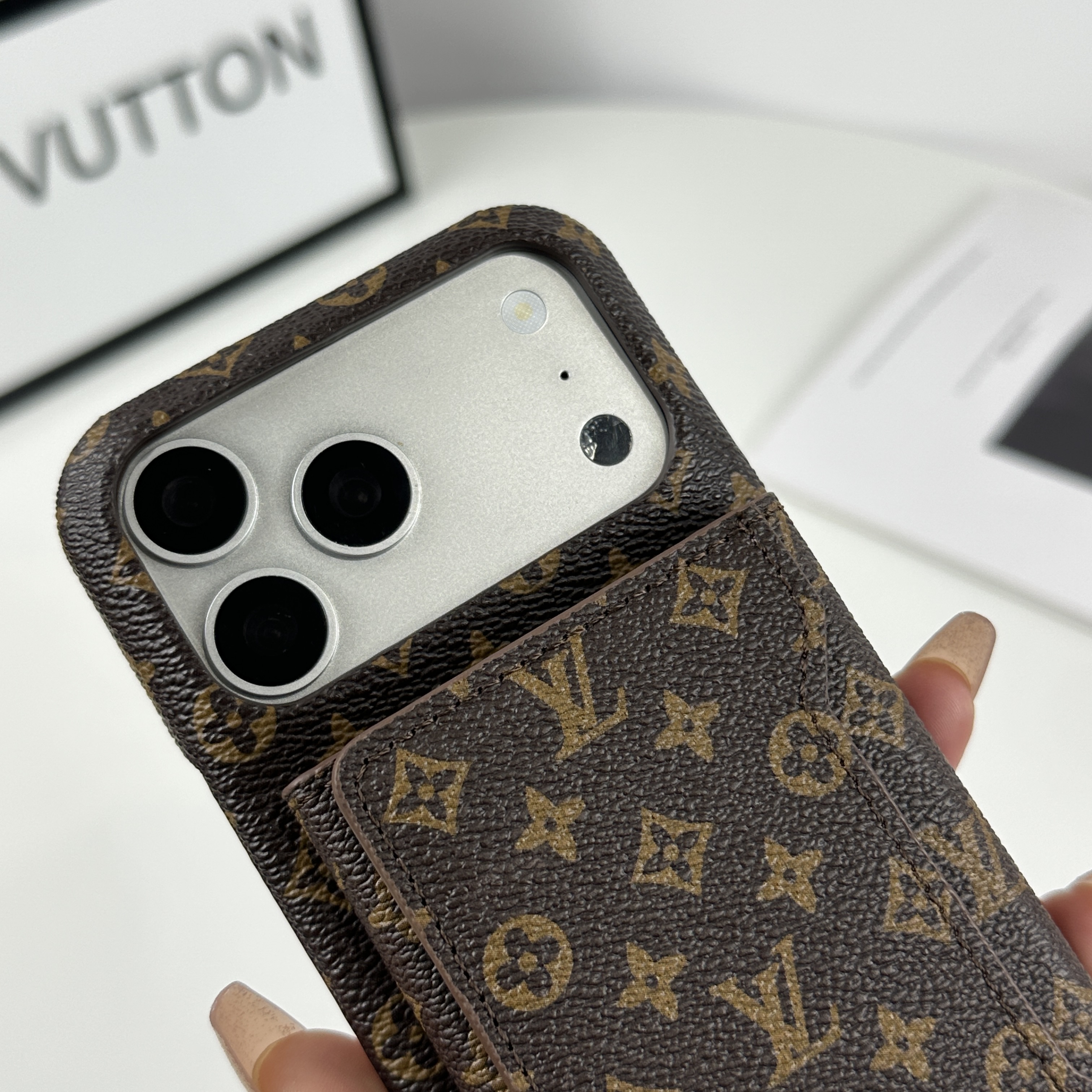 Stylish Leather Monogram iPhone Case With Magnetic Wallet Small Printing For iPhone 17 Series-CMLV090