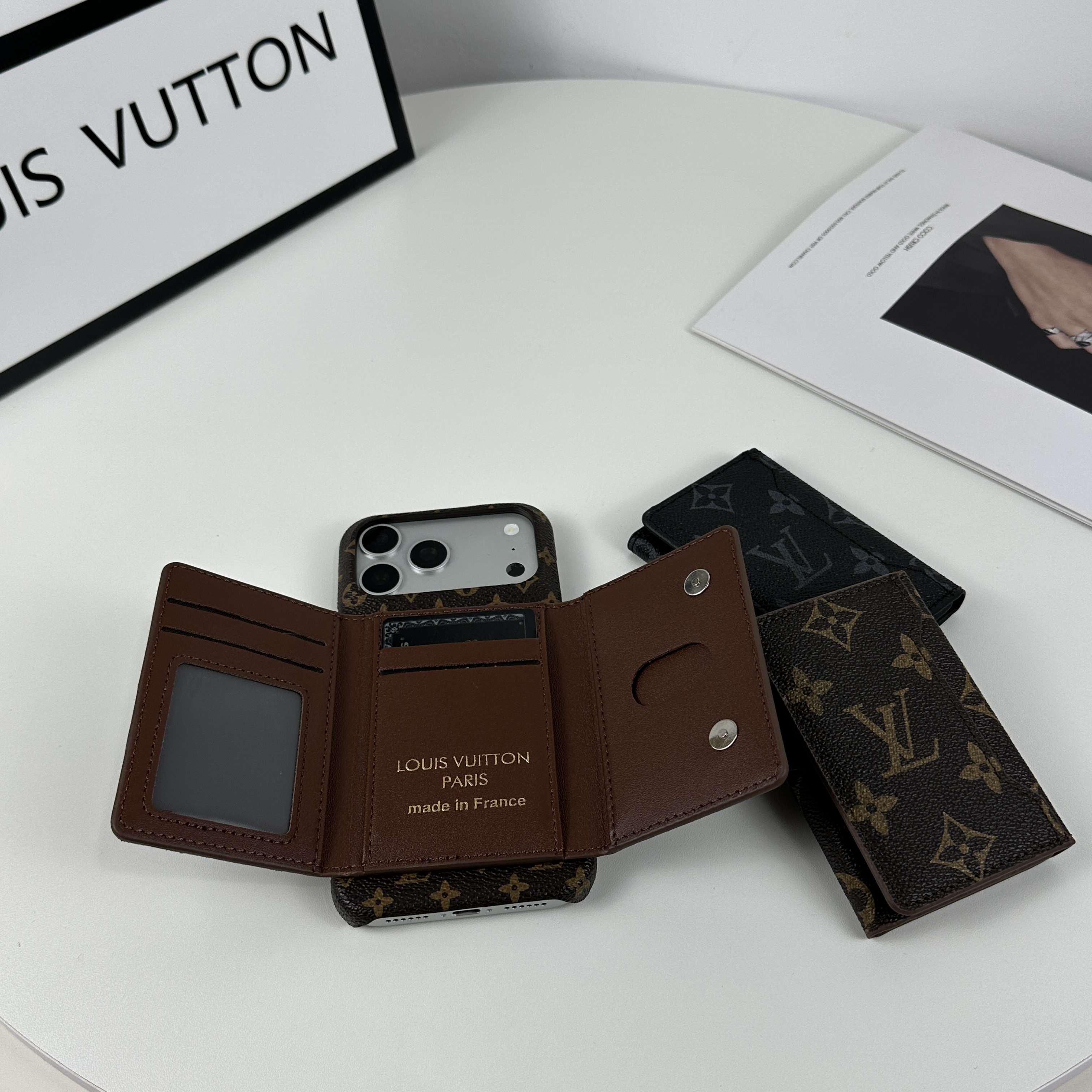 Stylish Leather Monogram iPhone Case With Magnetic Wallet Small Printing For iPhone 17 Series-CMLV090