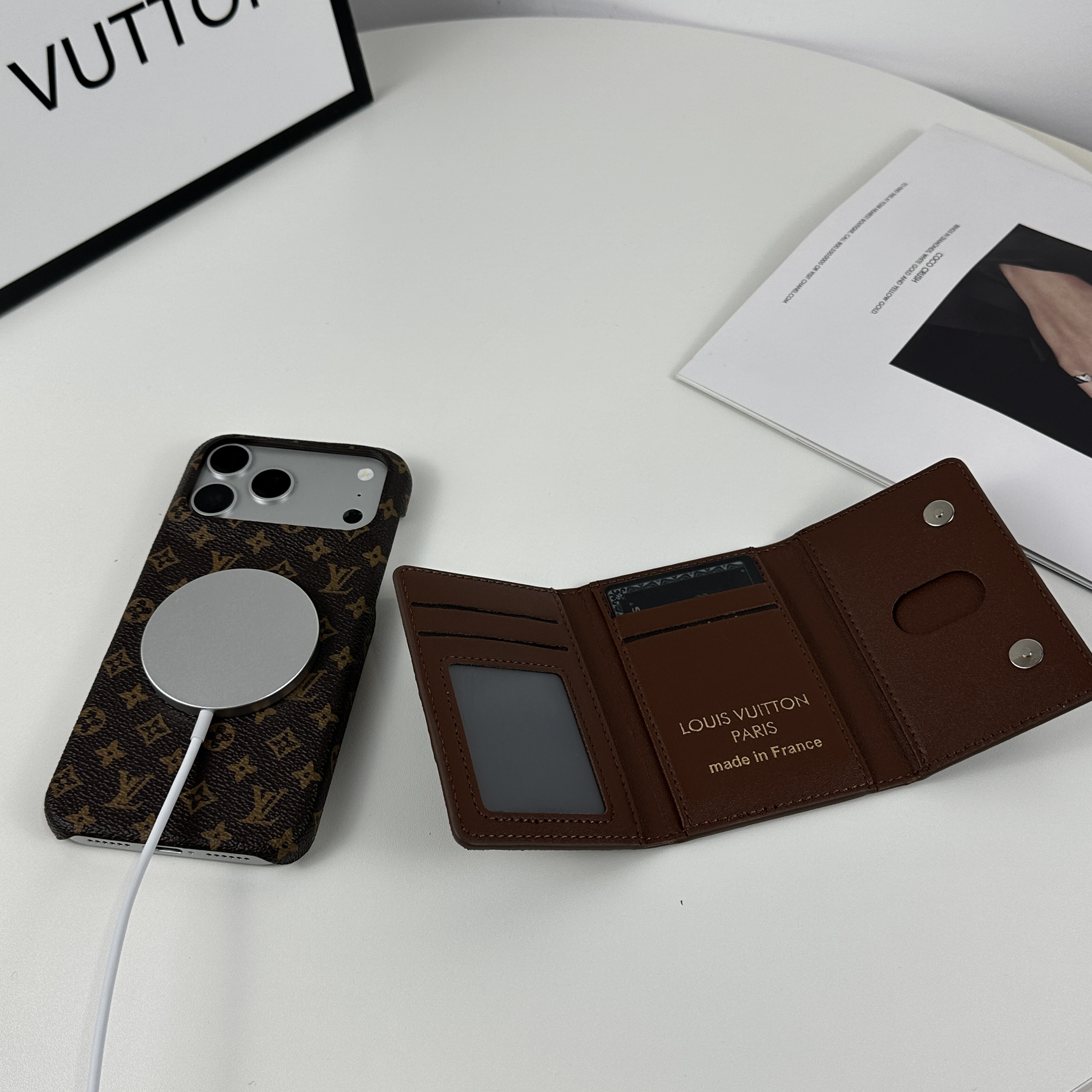 Stylish Leather Monogram iPhone Case With Magnetic Wallet Small Printing For iPhone 17 Series-CMLV090