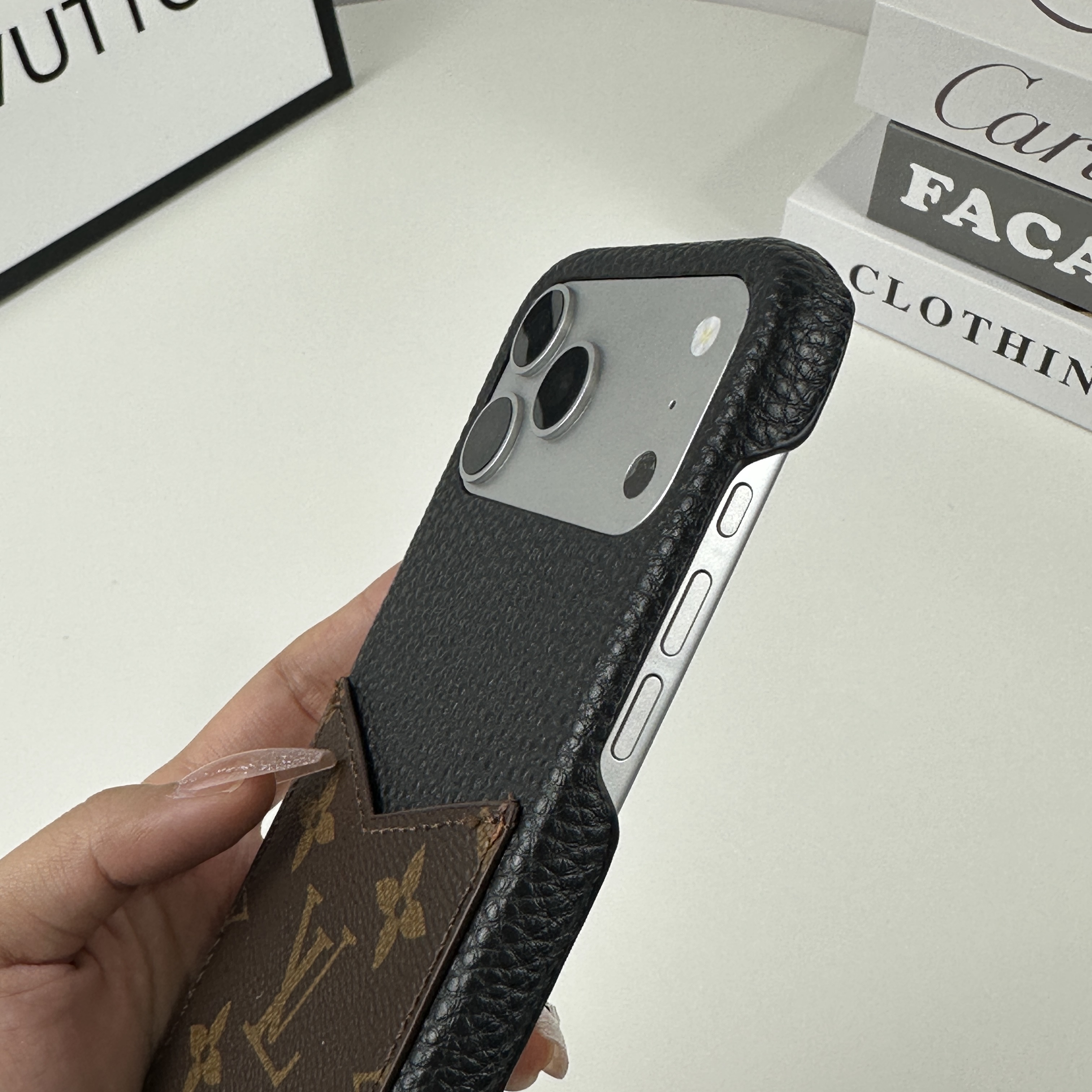 Premium Monogram iPhone Case With Card Holder Big Printing For iPhone 17 Series-CMLV092