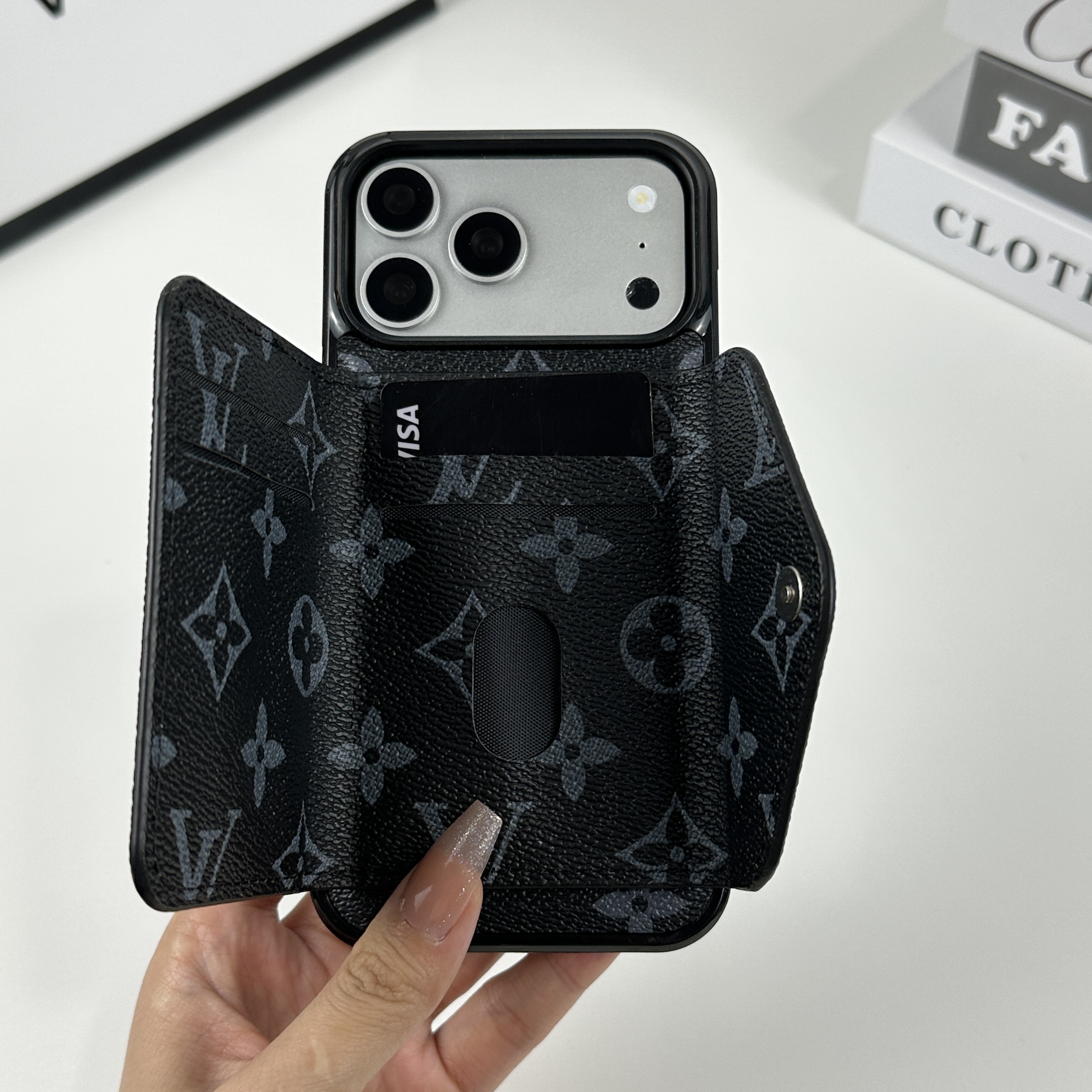 Classic Leather Monogram iPhone Case With Wallet Black Printing For iPhone 17 Series-CMLV094