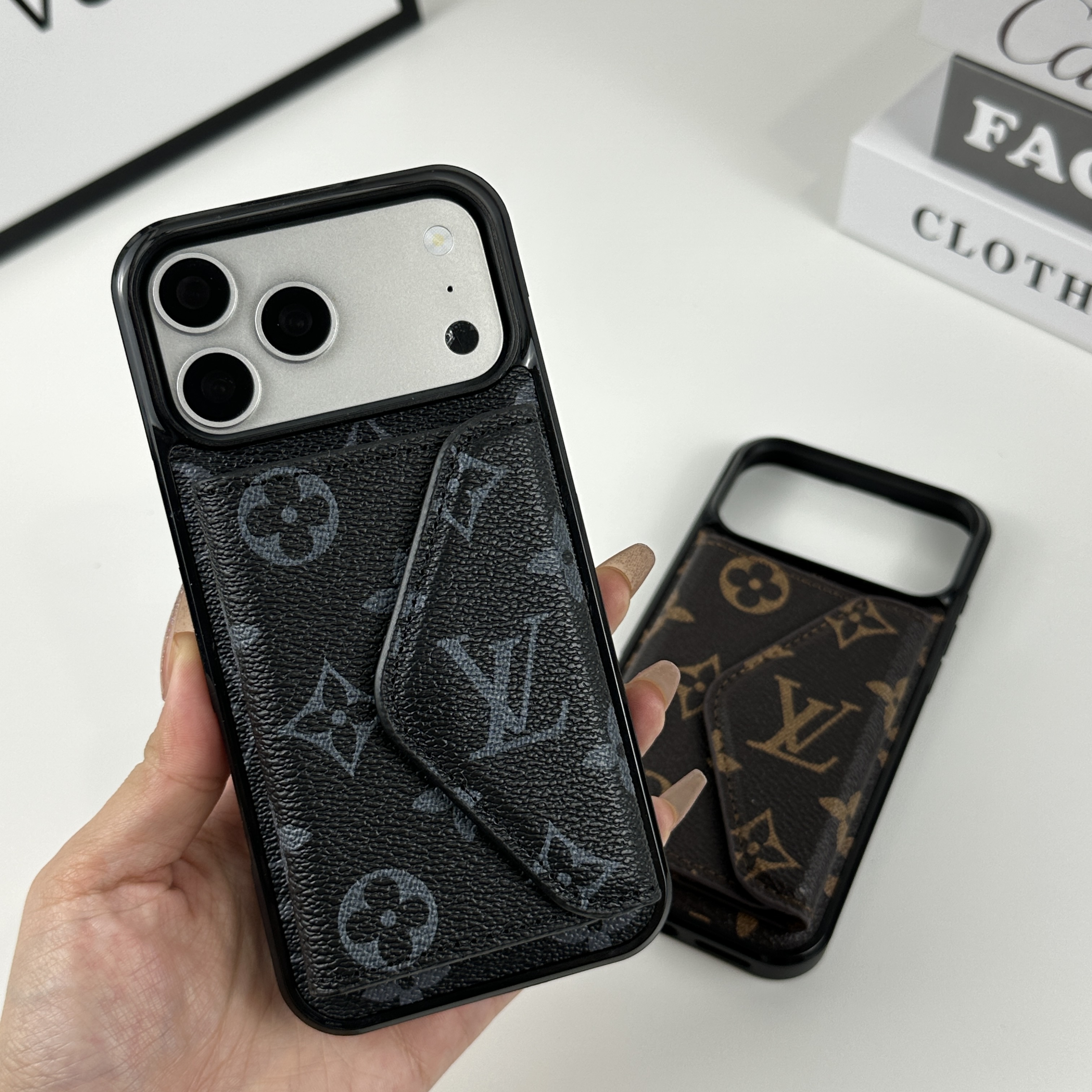 Classic Leather Monogram iPhone Case With Wallet Black Printing For iPhone 17 Series-CMLV094