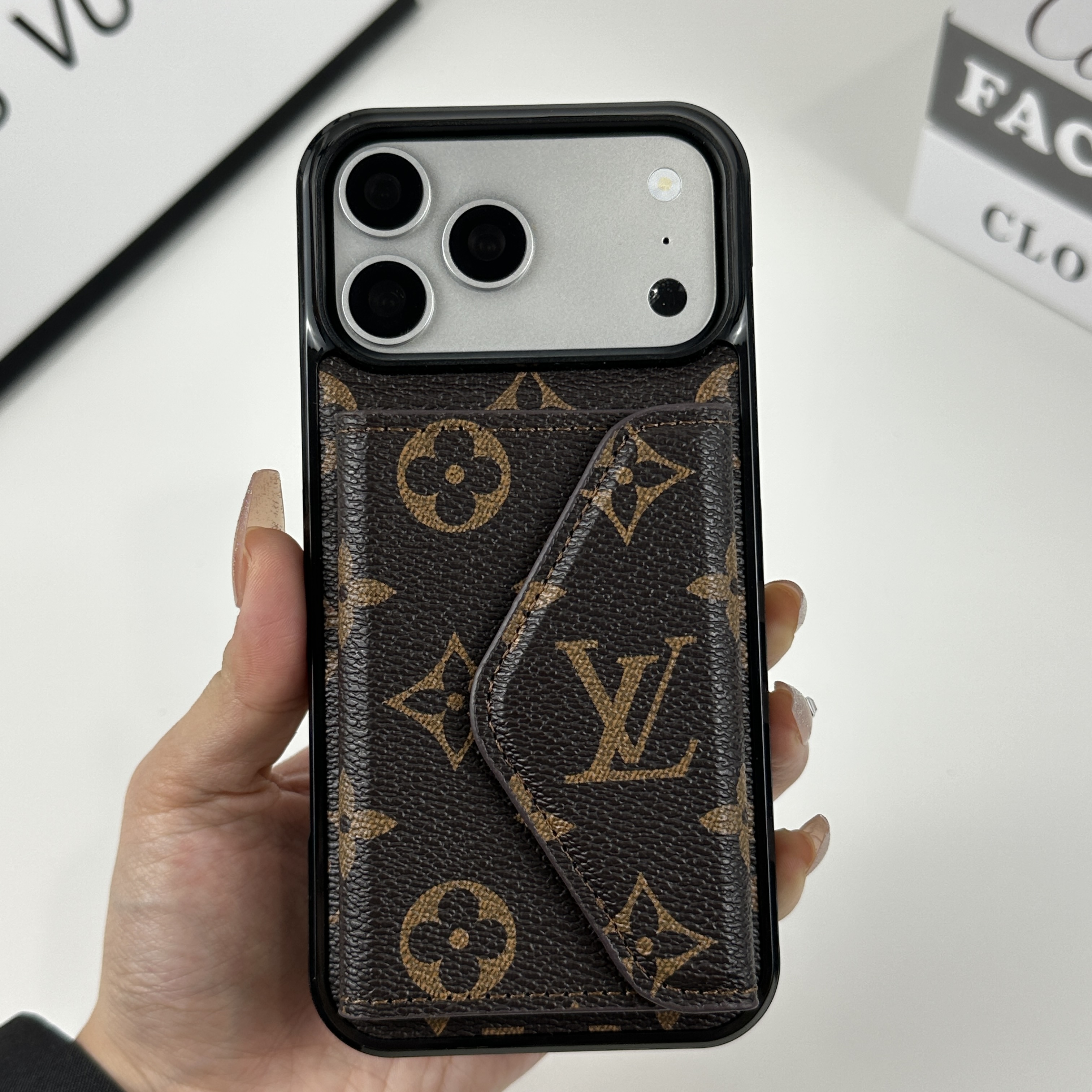 Premium Leather Monogram iPhone Case With Wallet Big Printing For iPhone 17 Series-CMLV095