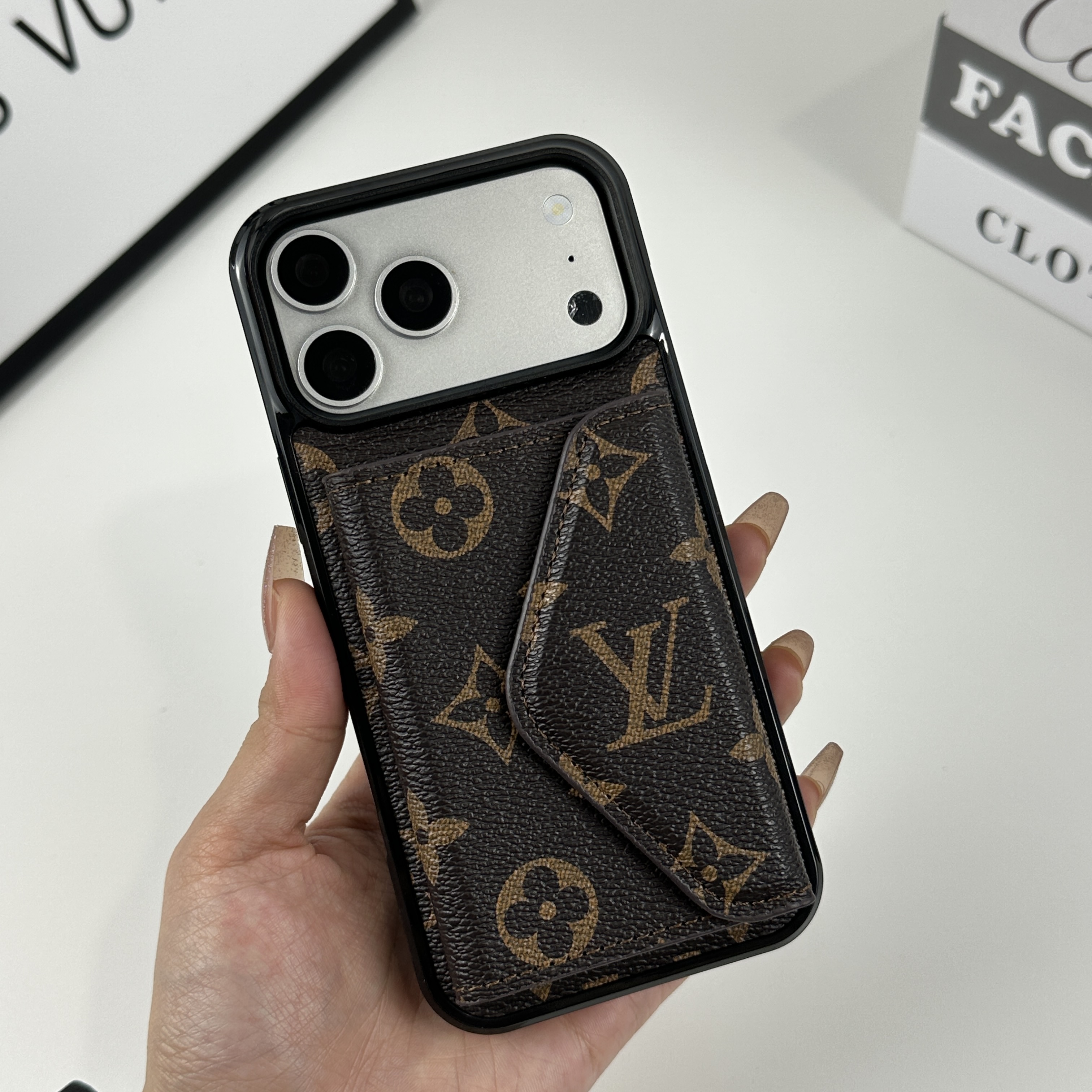 Premium Leather Monogram iPhone Case With Wallet Big Printing For iPhone 17 Series-CMLV095