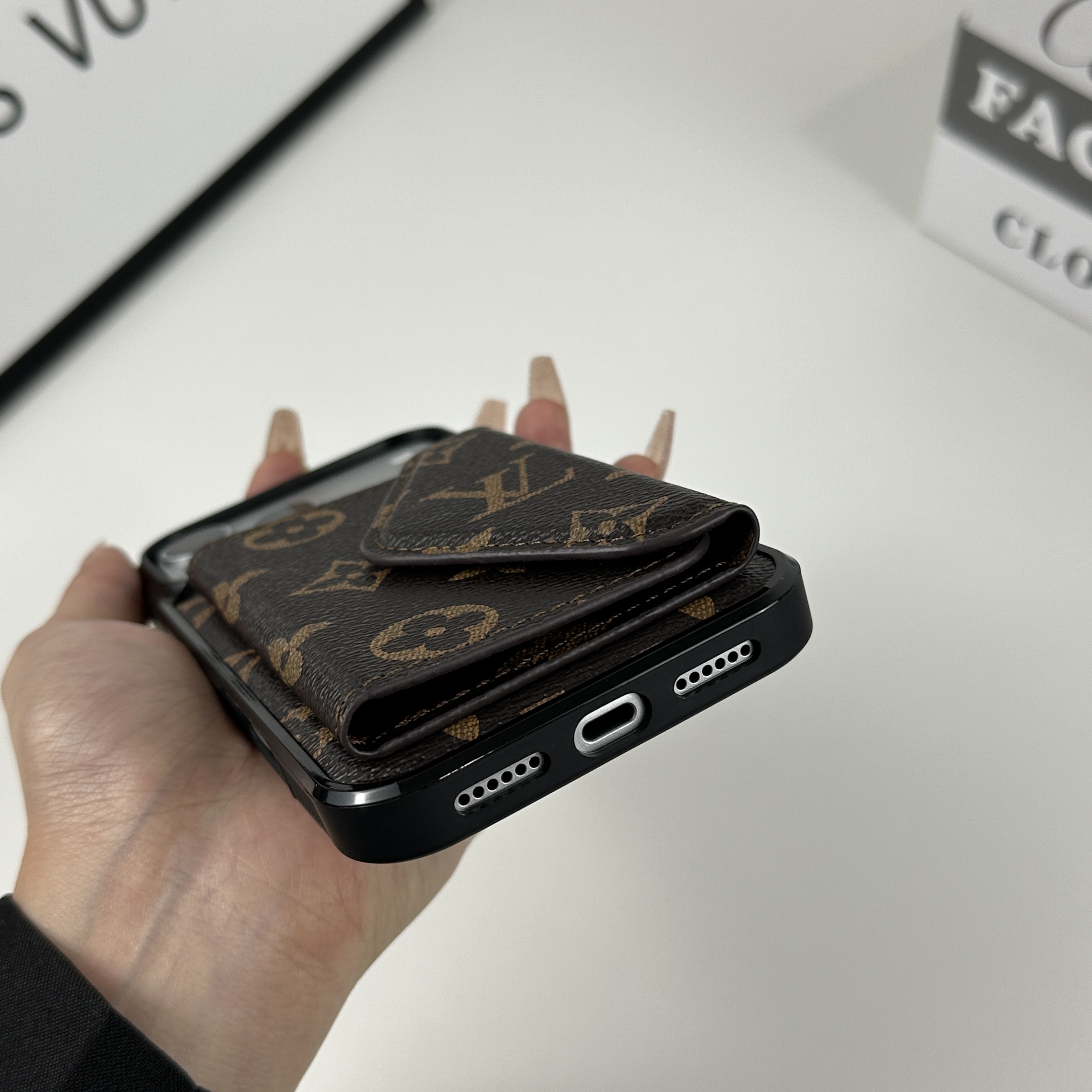Premium Leather Monogram iPhone Case With Wallet Big Printing For iPhone 17 Series-CMLV095