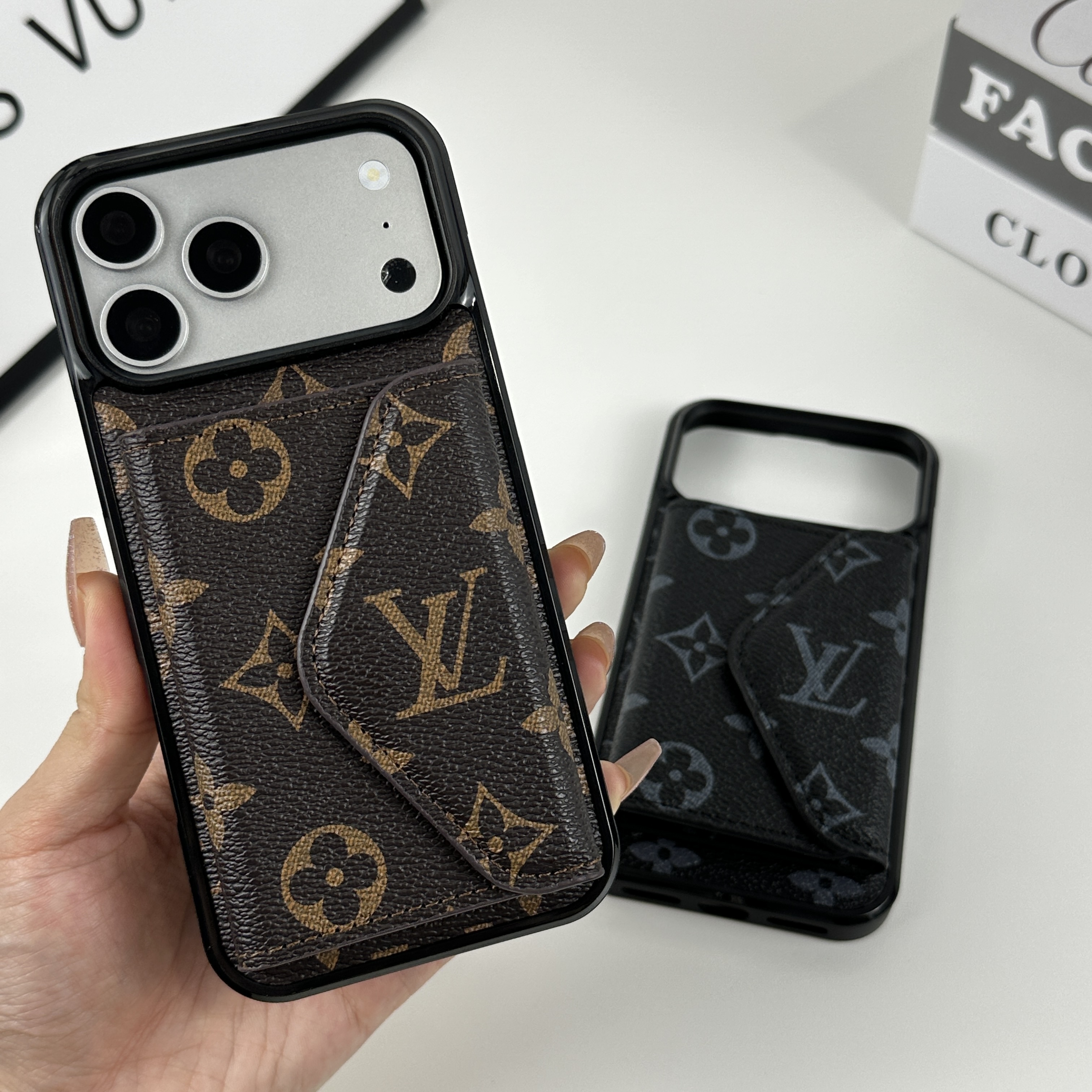 Premium Leather Monogram iPhone Case With Wallet Big Printing For iPhone 17 Series-CMLV095