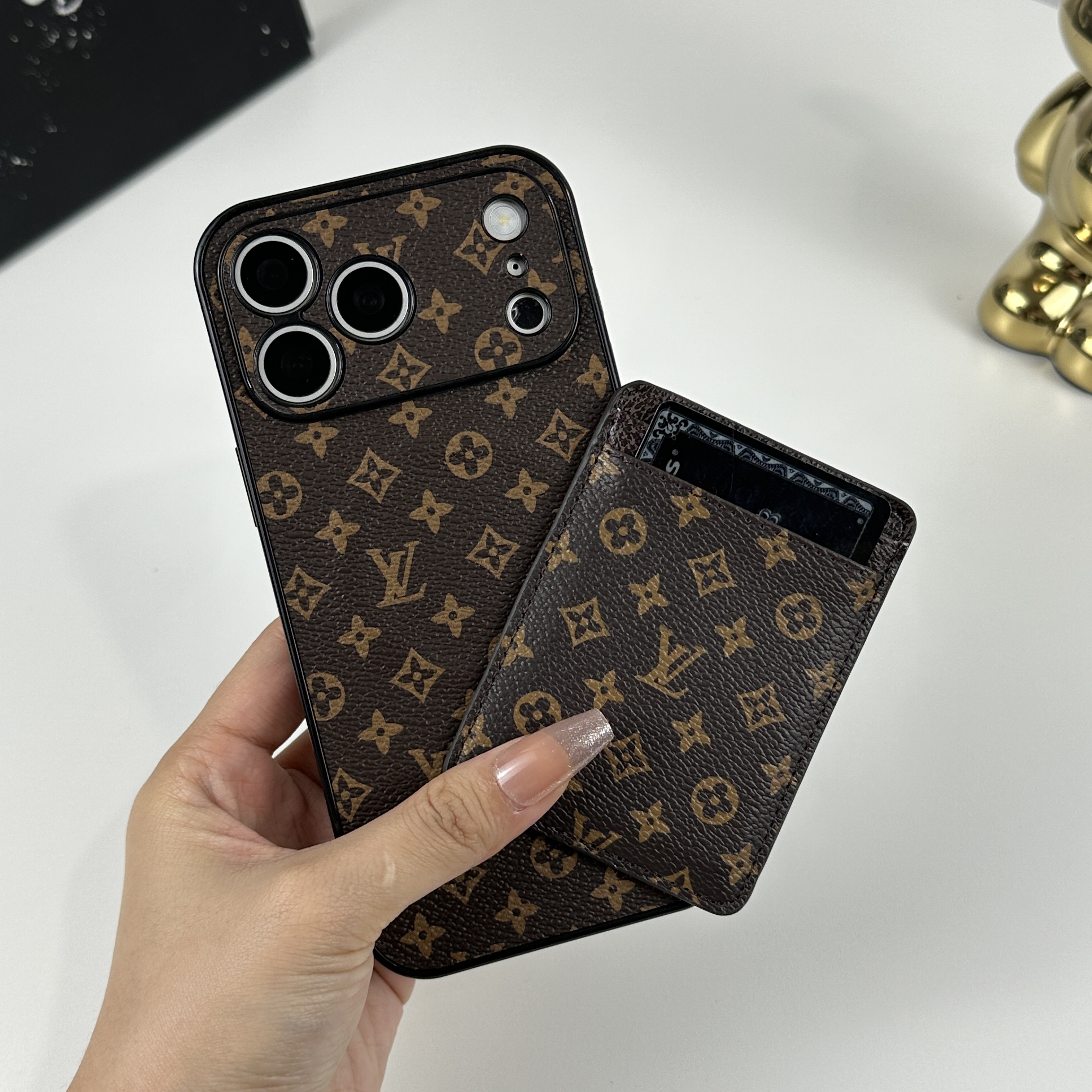 Classic Leather Monogram iPhone Case With Magnetic Card Holder Small Printing For iPhone 17 Series-CMLV097