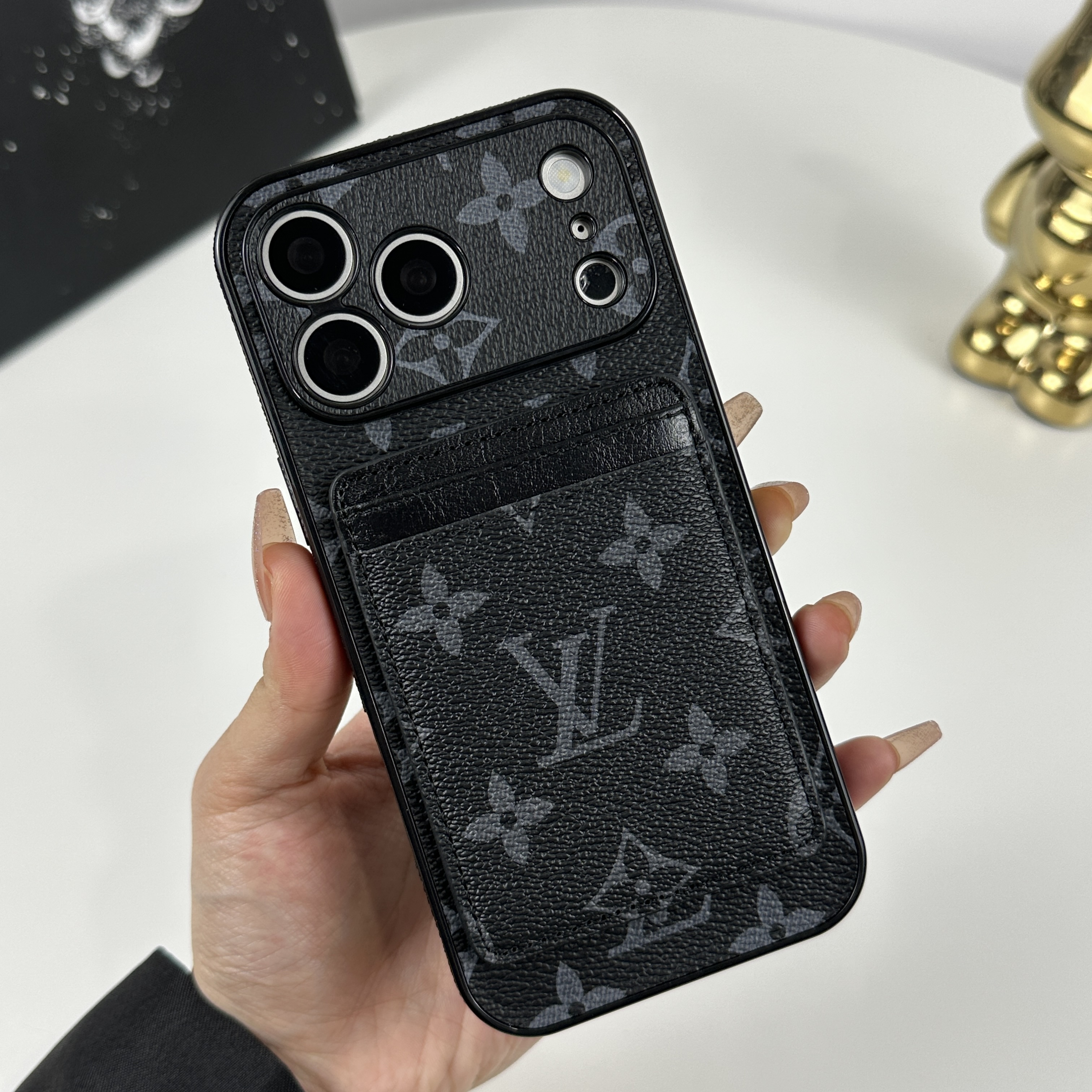 Stylish Leather Monogram iPhone Case With Magnetic Card Holder Black Printing For iPhone 17 Series-CMLV098