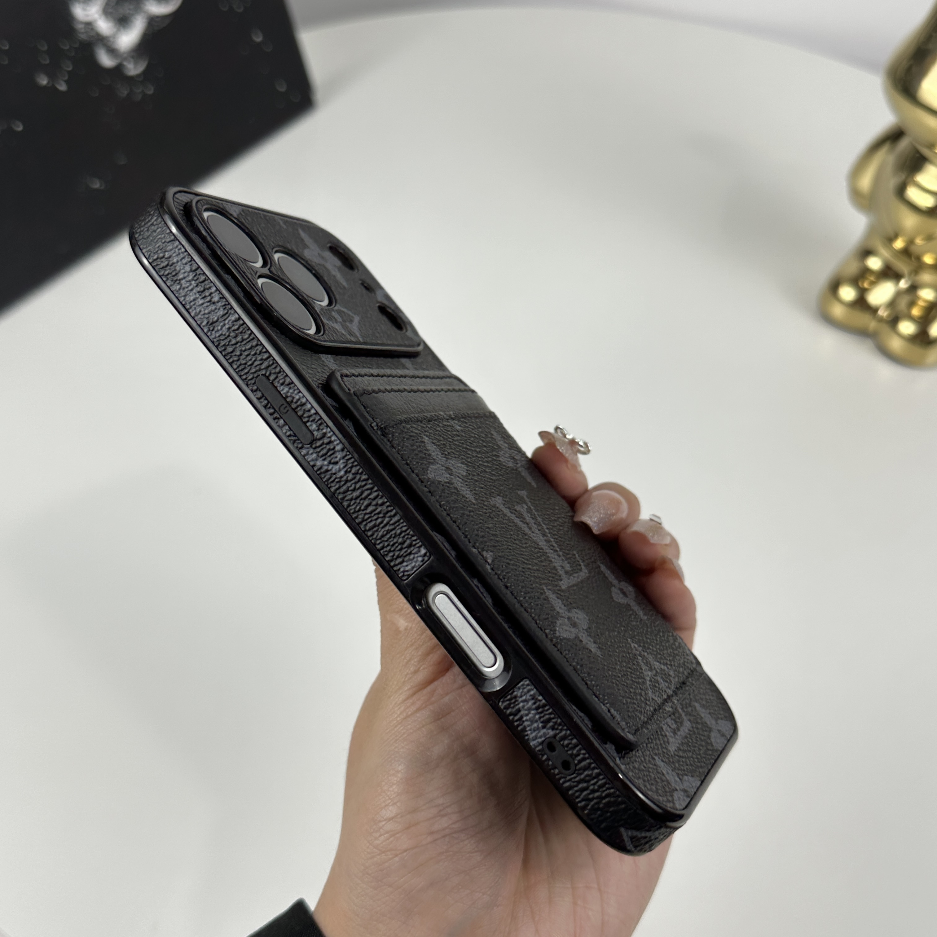 Stylish Leather Monogram iPhone Case With Magnetic Card Holder Black Printing For iPhone 17 Series-CMLV098