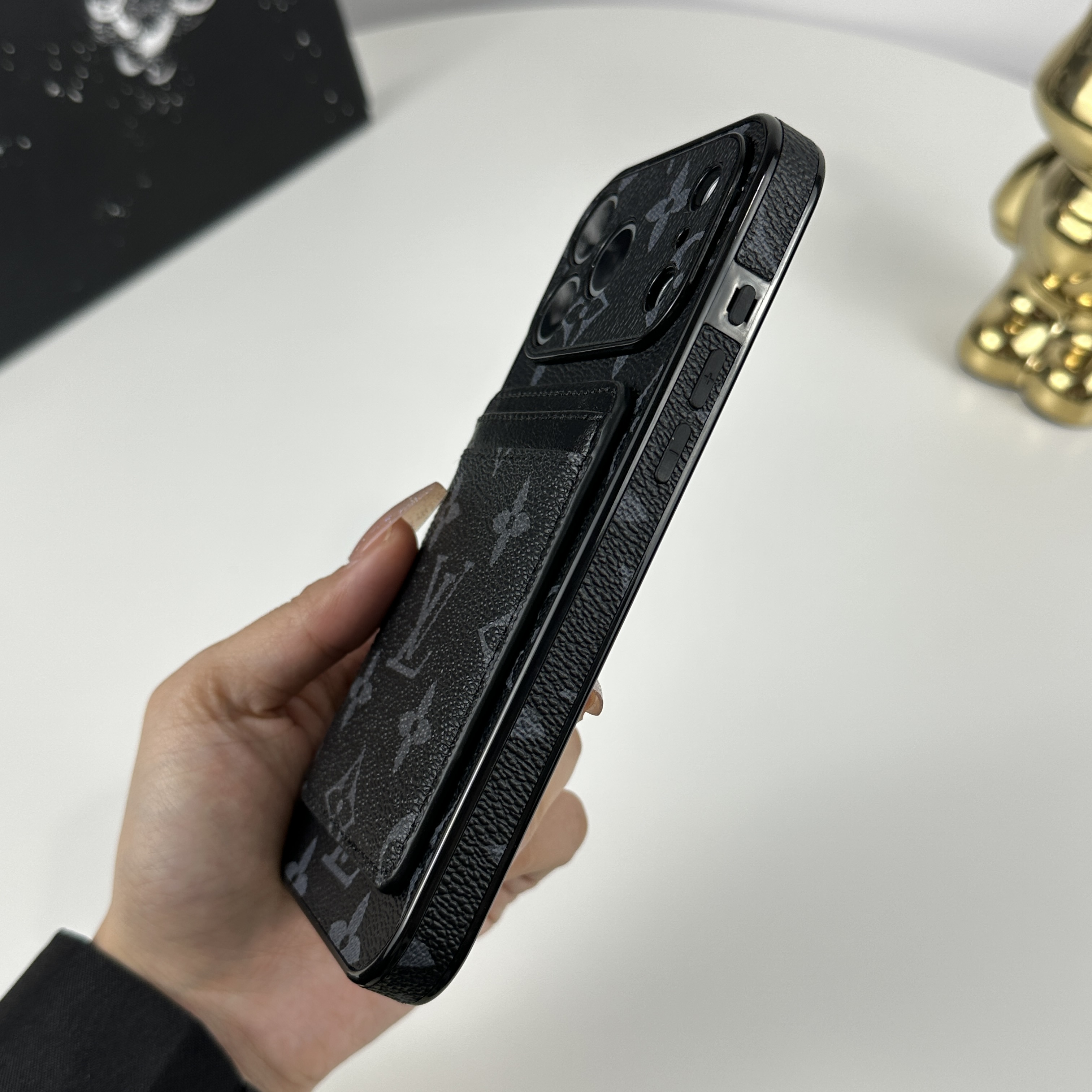 Stylish Leather Monogram iPhone Case With Magnetic Card Holder Black Printing For iPhone 17 Series-CMLV098