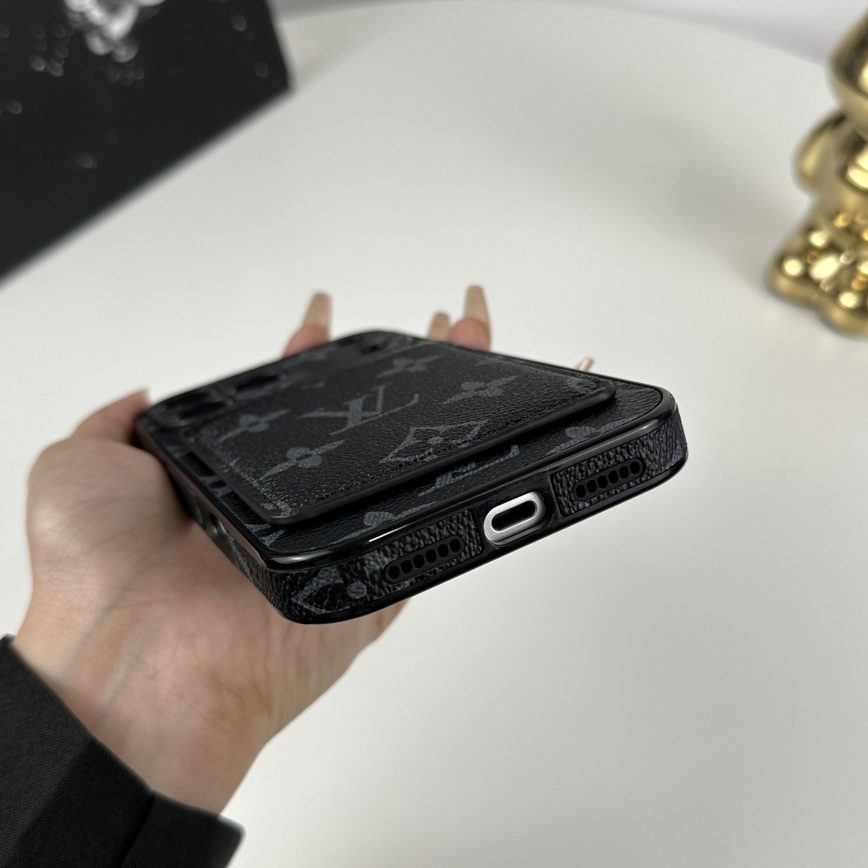 Stylish Leather Monogram iPhone Case With Magnetic Card Holder Black Printing For iPhone 17 Series-CMLV098