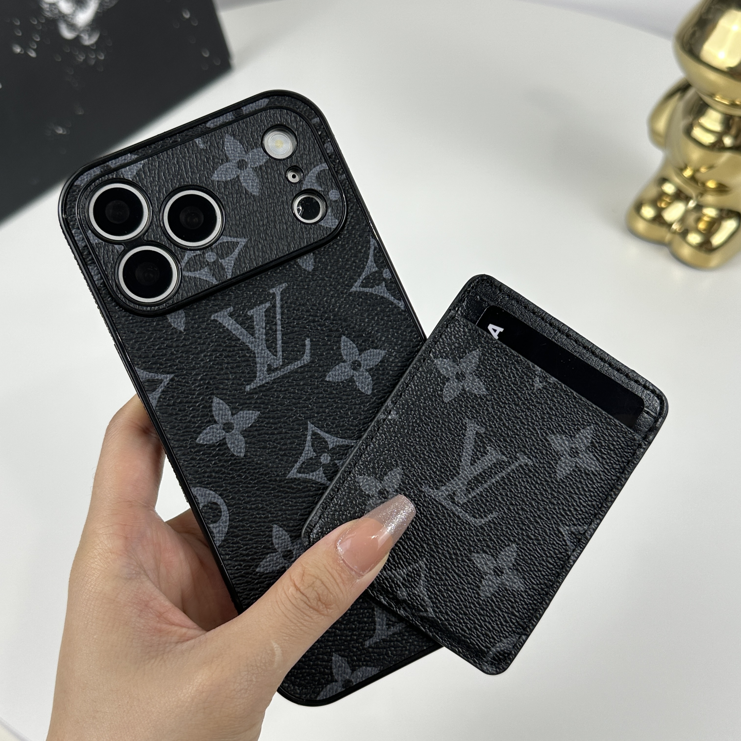 Stylish Leather Monogram iPhone Case With Magnetic Card Holder Black Printing For iPhone 17 Series-CMLV098