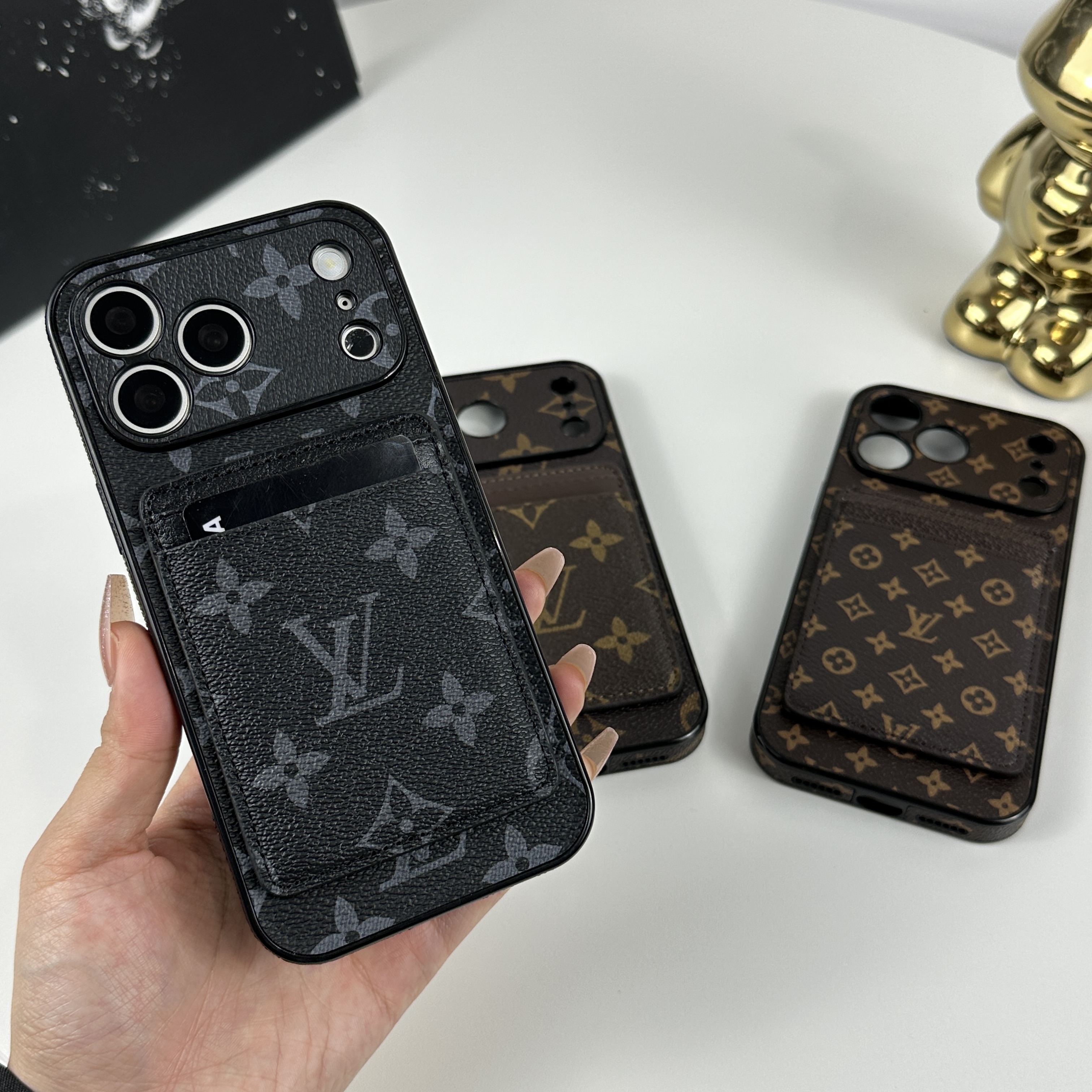 Stylish Leather Monogram iPhone Case With Magnetic Card Holder Black Printing For iPhone 17 Series-CMLV098