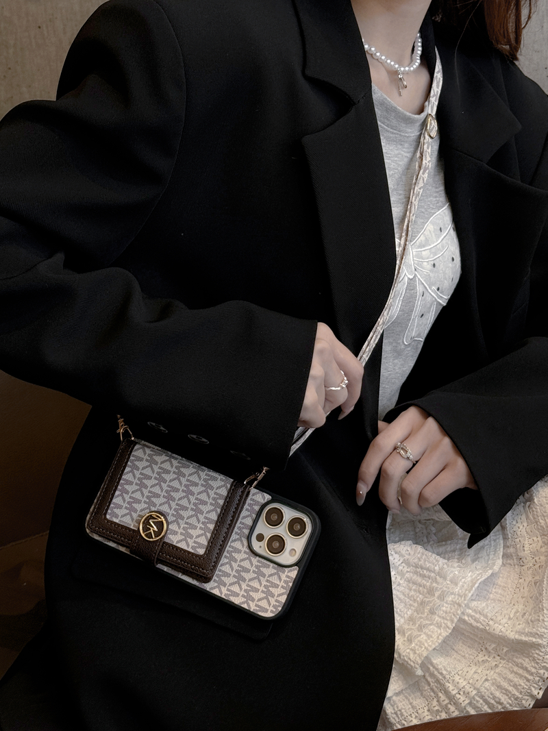 Leather MK iPhone Case With Card Holder And Strap-MYK251305