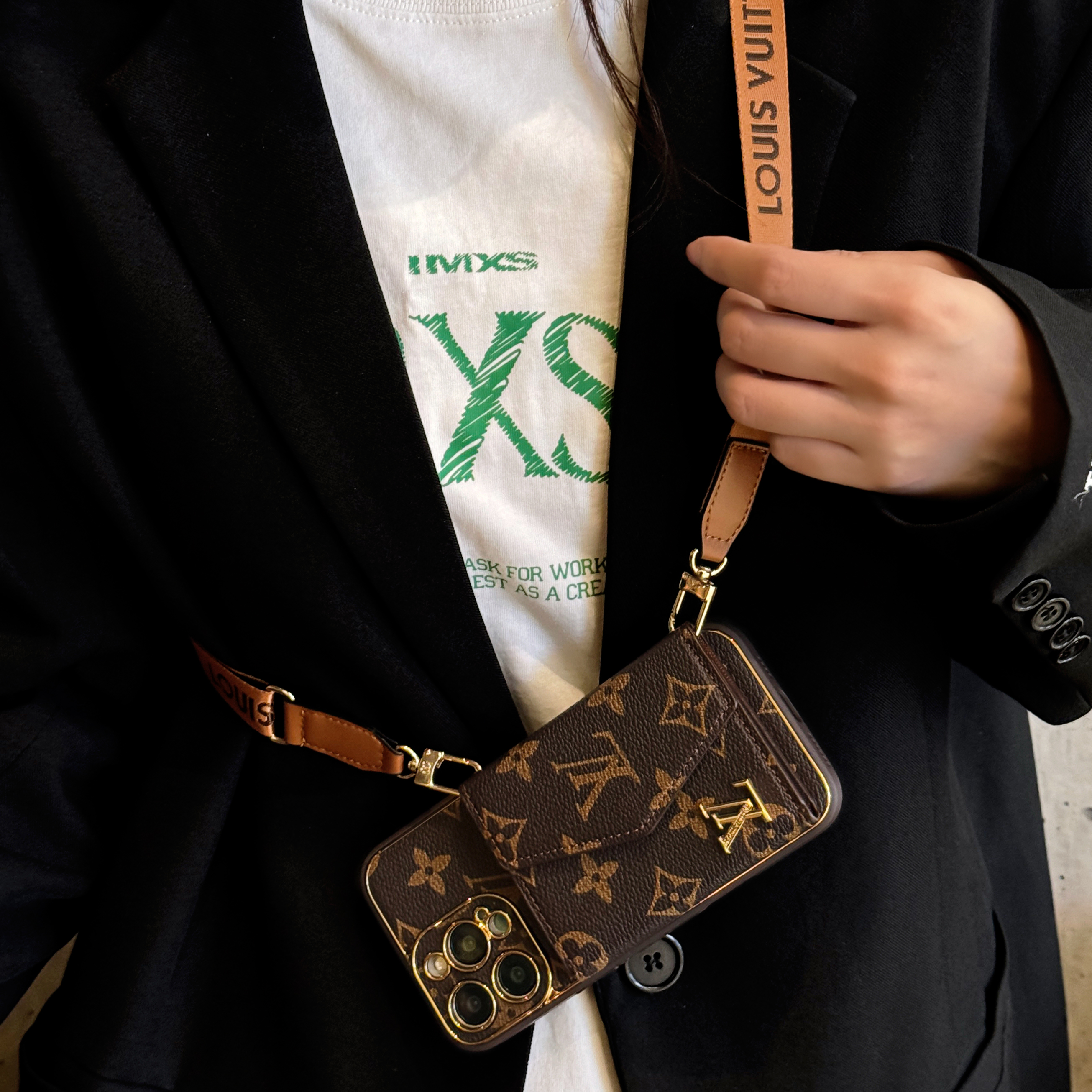 Monogram Phone Case With Card Holder And Crossbody Strap For iPhone Big Printing -XKB241816-casezom