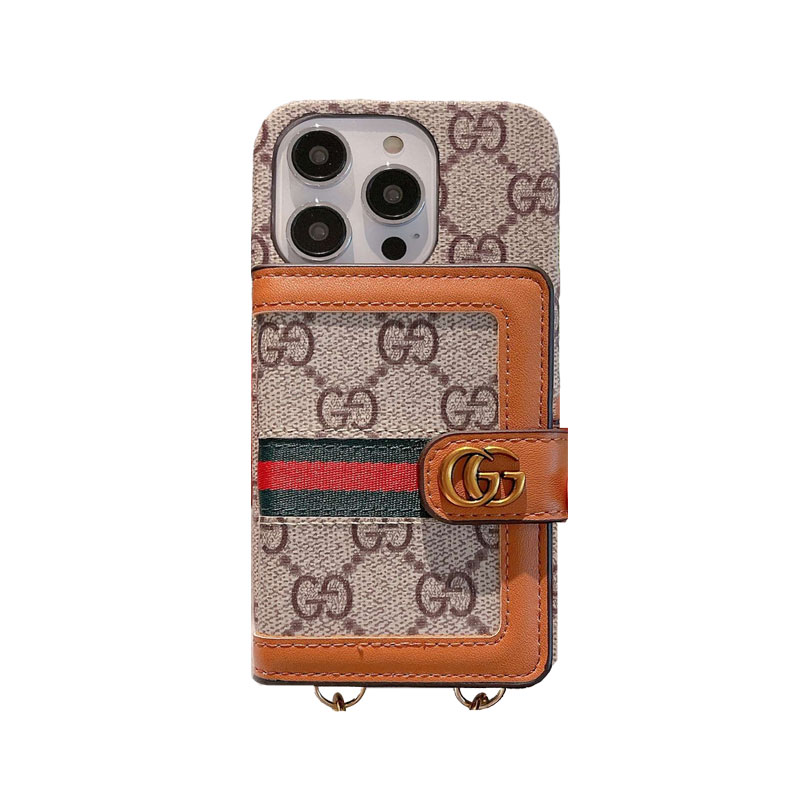 GG iPhone Case With Card Holder And Strap Brown -SZK240401-GTOCASE