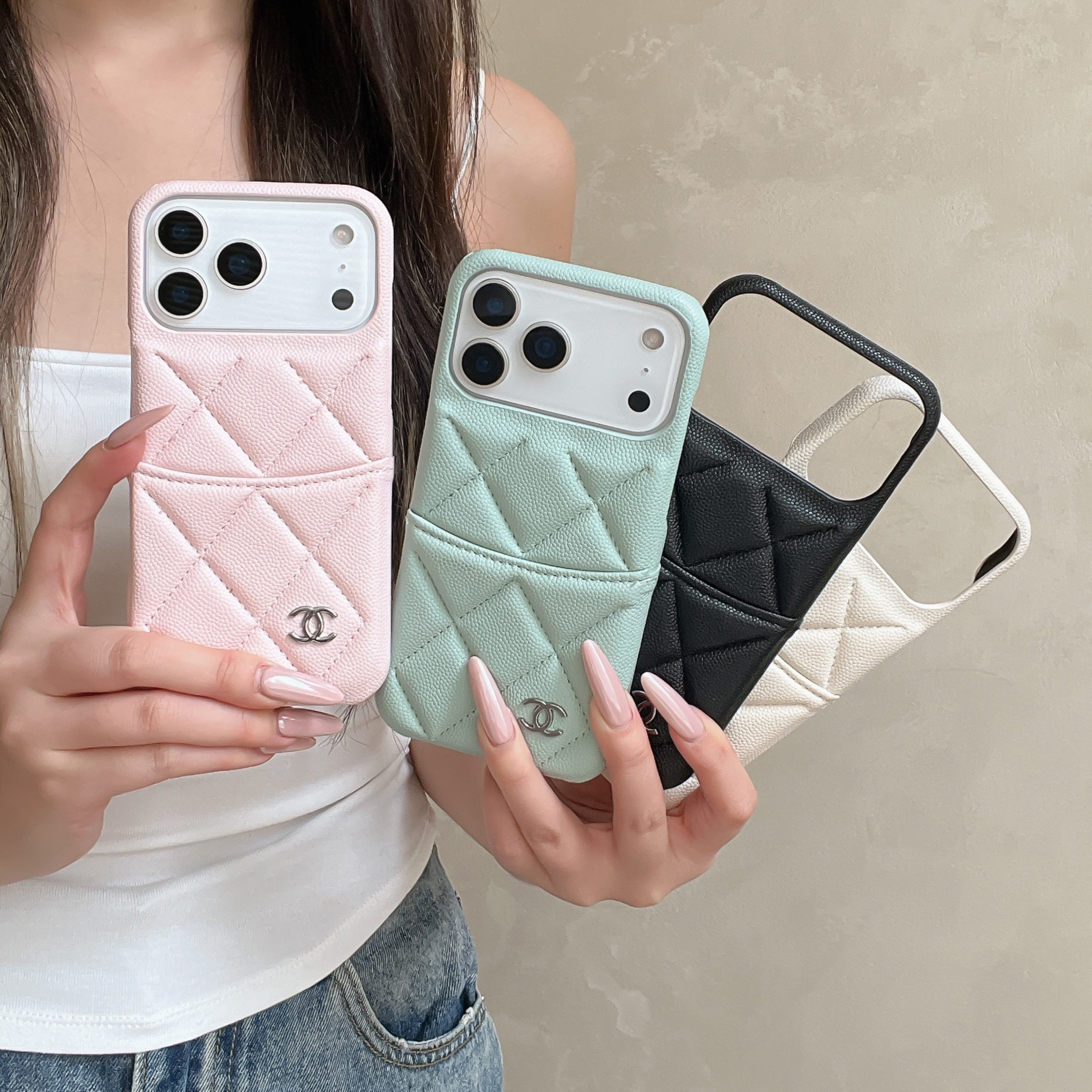 Stylish Leather CC iPhone Case With Card Holder White For iPhone 17 Series-CMCC023