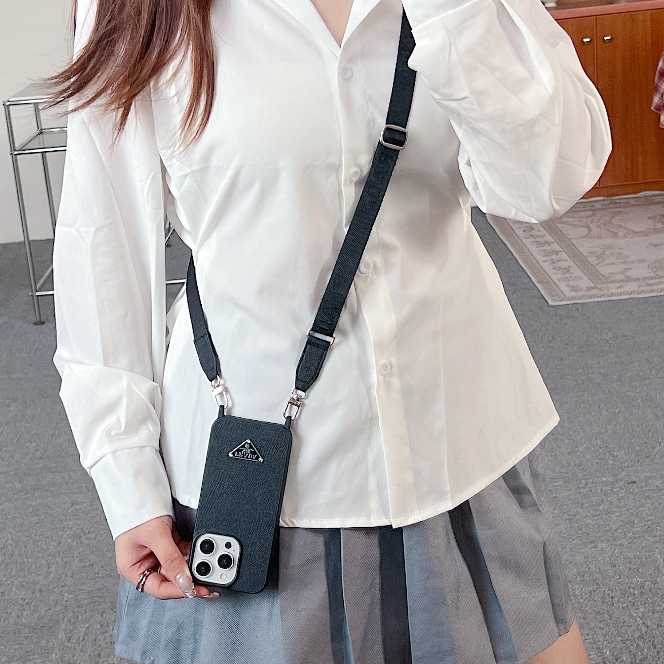 Leather PR Case With Strap For iPhone Black-PGS241837-GTOCASE