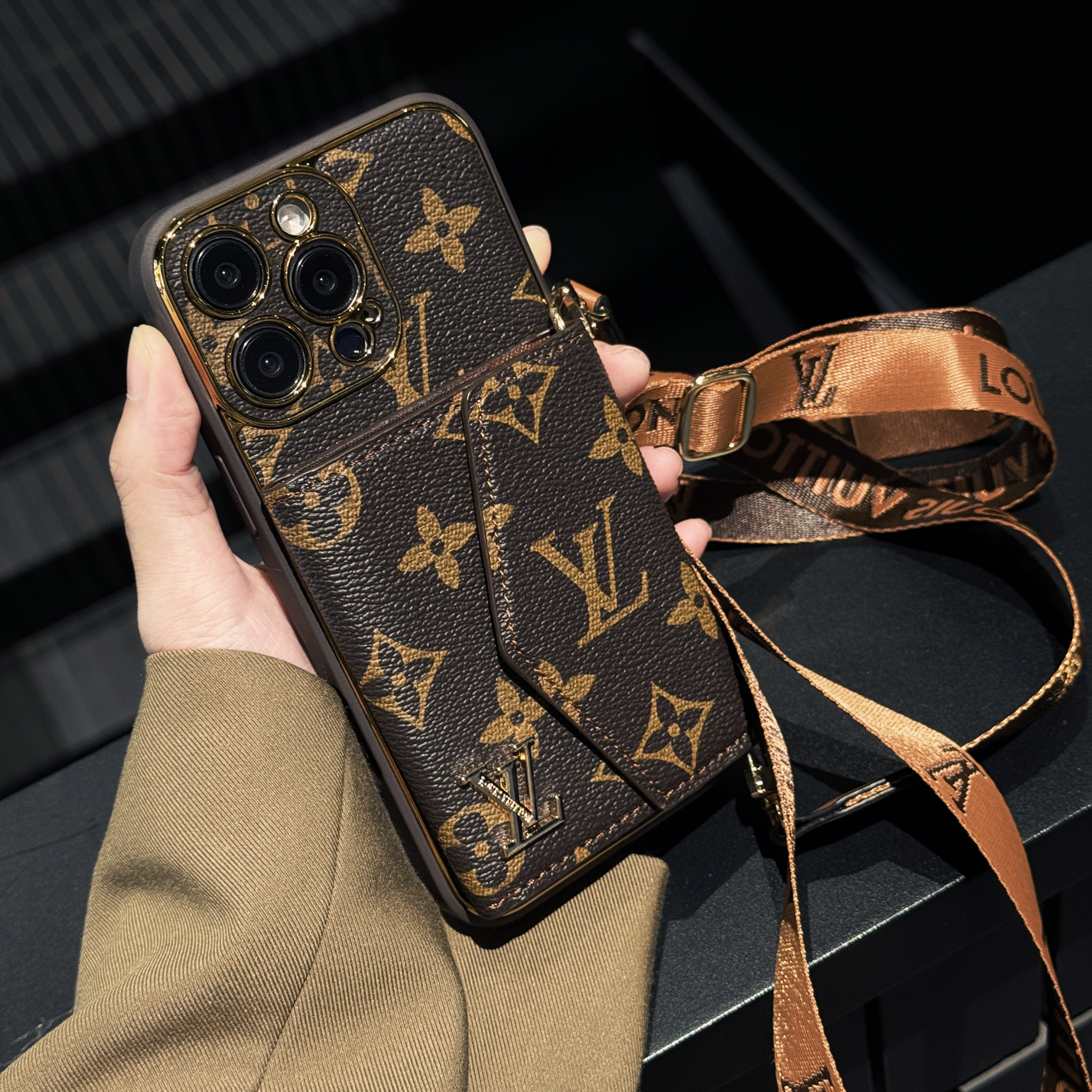 Monogram Phone Case With Card Holder And Crossbody Strap For iPhone Big Printing -XKB241816-casezom