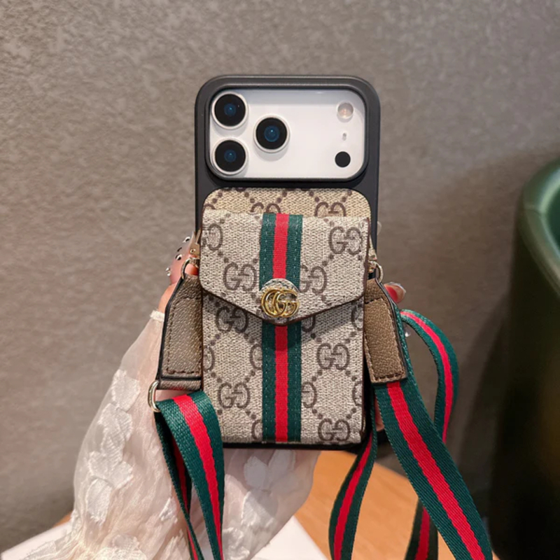 Classic Leather GG iPhone Case With Card Holder And Strap Brown-YHCZ251806
