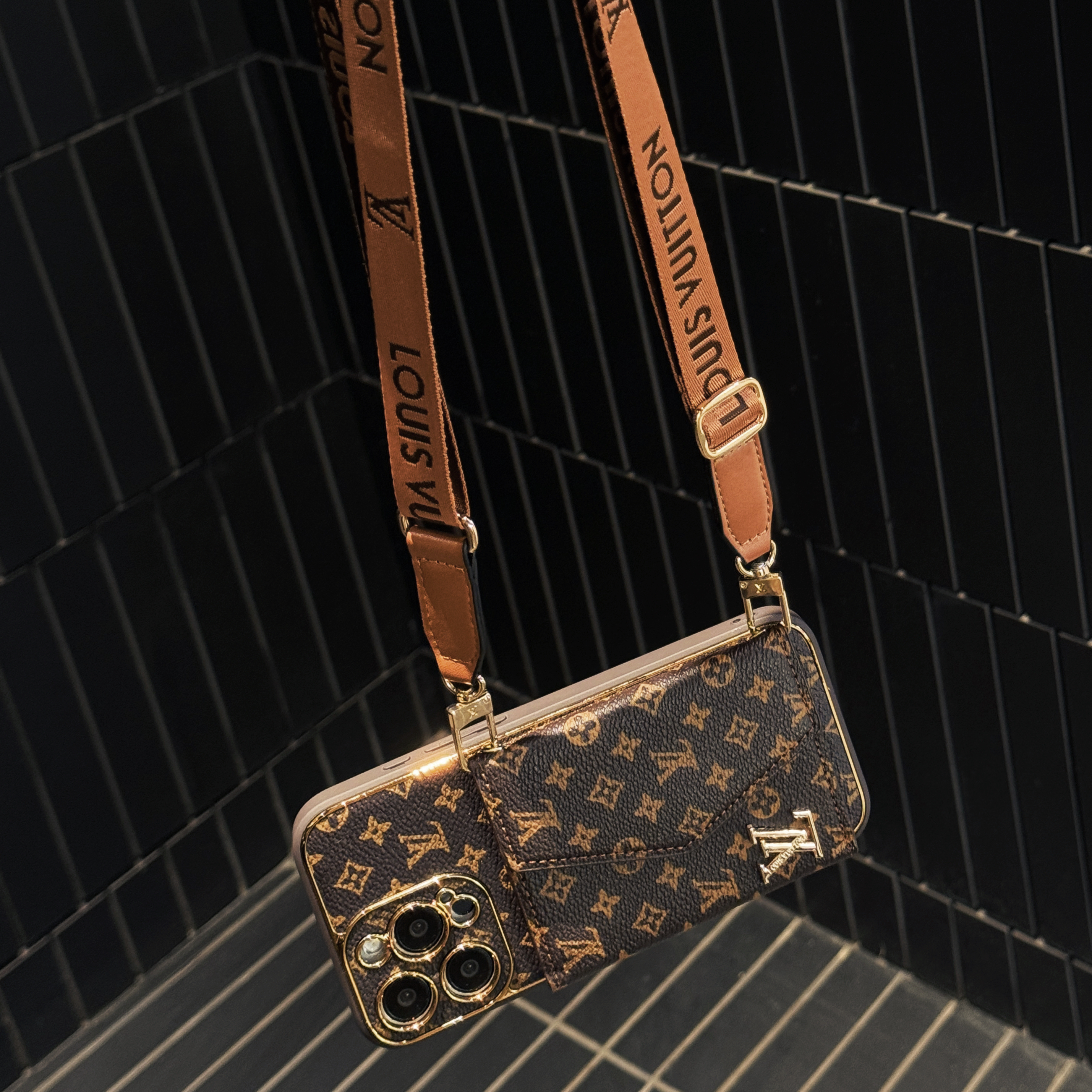 Monogram Phone Case With Card Holder And Crossbody Strap For iPhone Big Printing -XKB241816-casezom