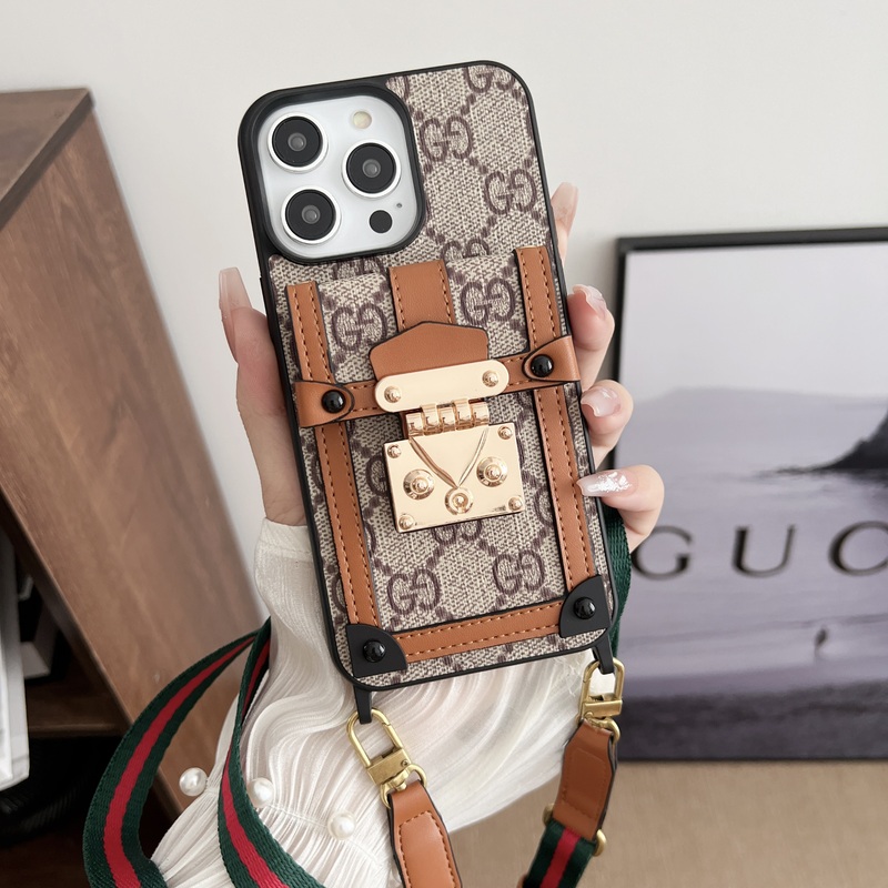 GG iPhone Case With Wallet And Strap Brown -TDK240330-GTOCASE