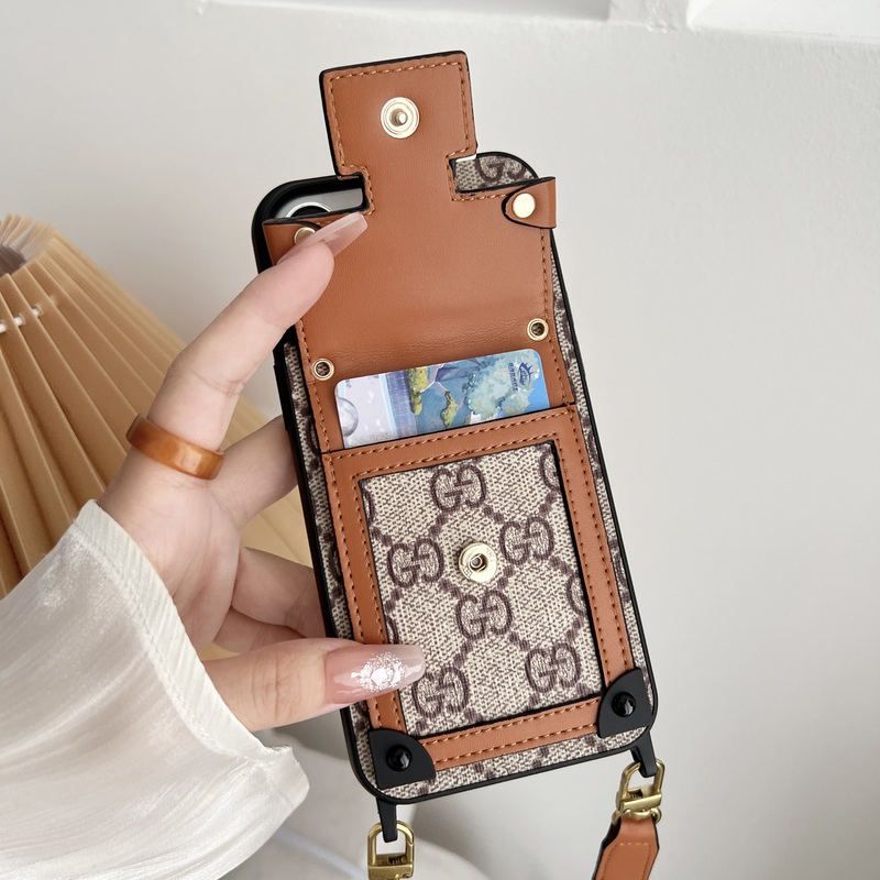 GG iPhone Case With Wallet And Strap Brown -TDK240330-GTOCASE