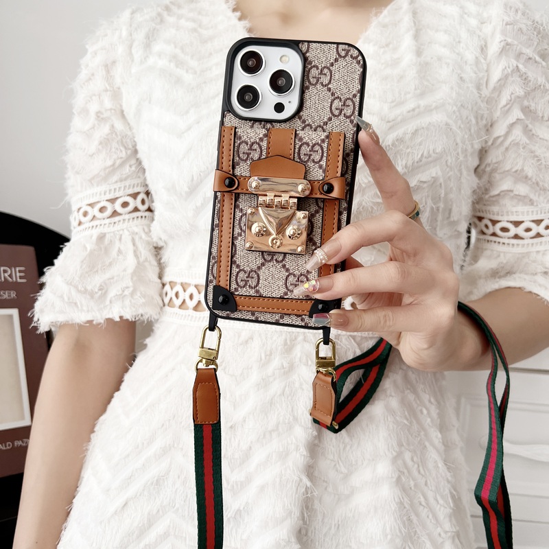 GG iPhone Case With Wallet And Strap Brown -TDK240330-GTOCASE