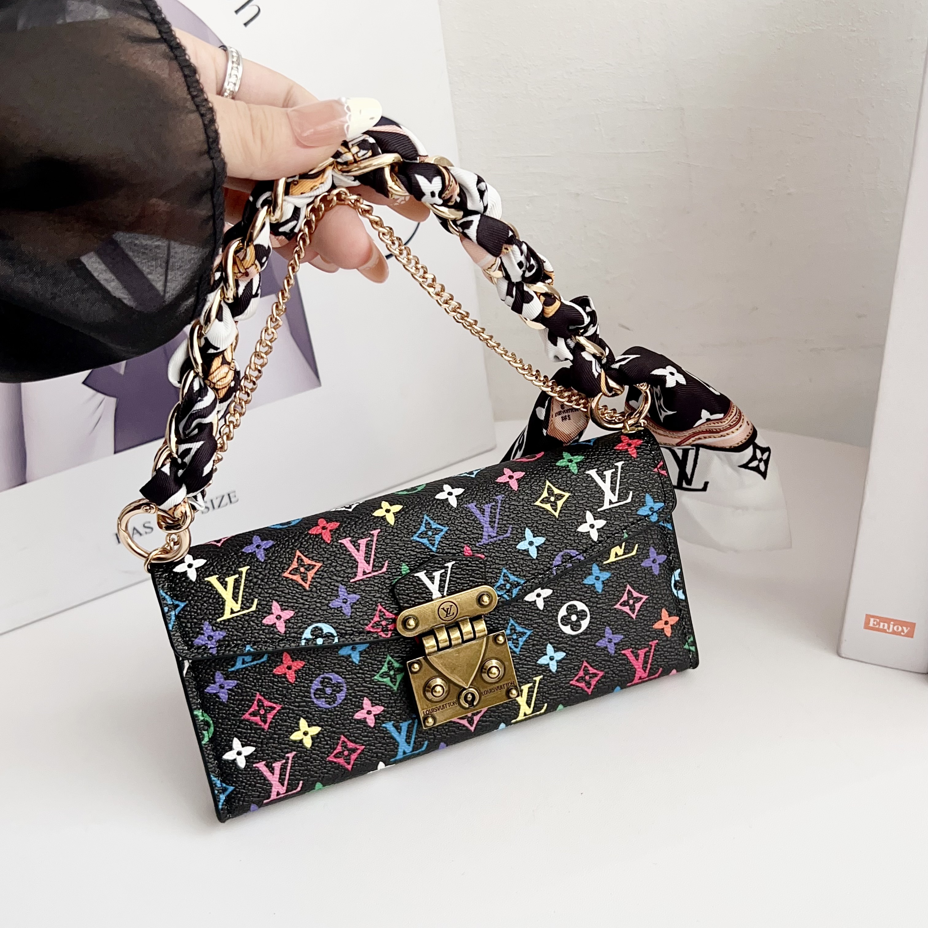 Colorful Leather Folio Monogram iPhone Case With Wallet And Strap-MTY251011