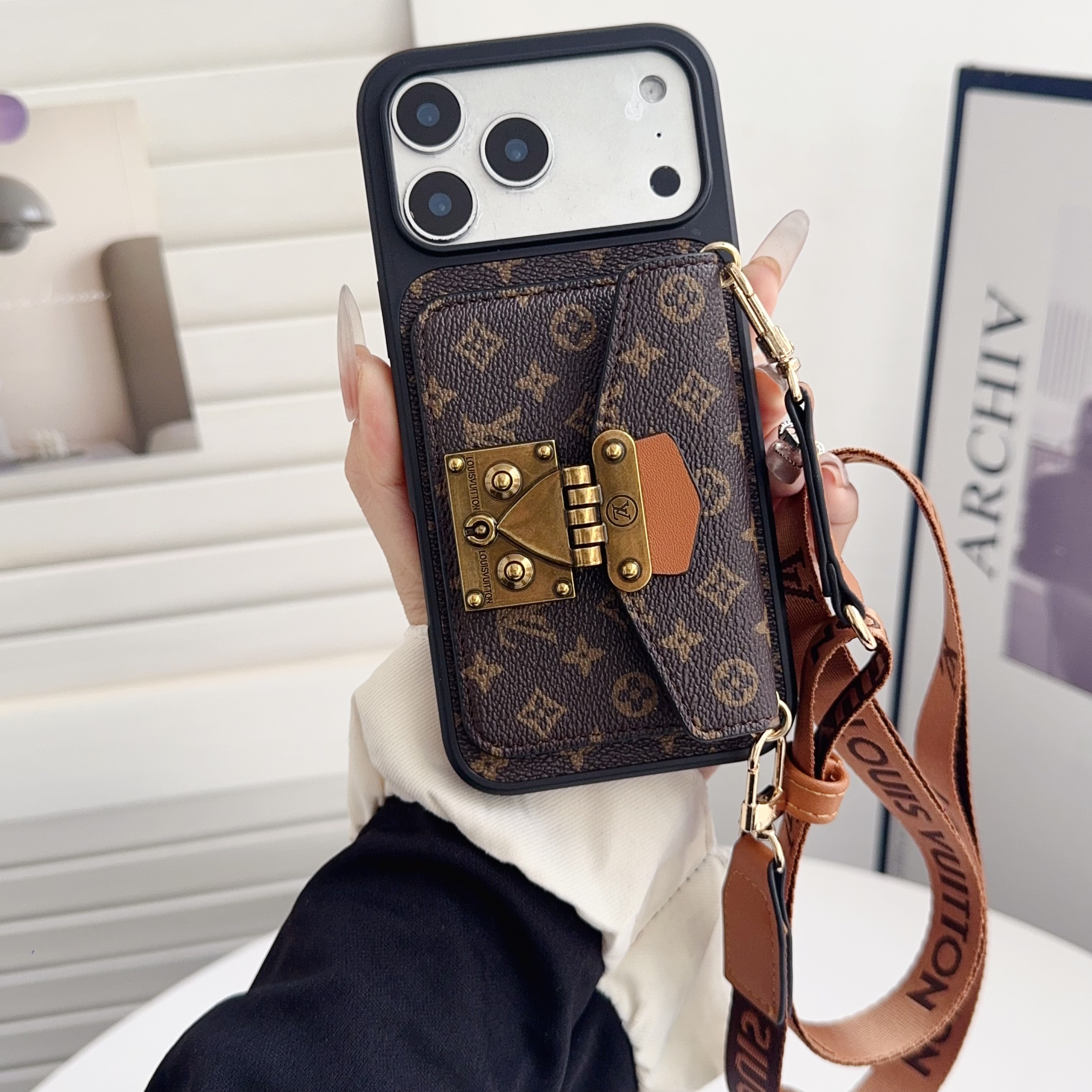 Classic Leather Monogram iPhone Case With Card Holder And Strap-MYK251305