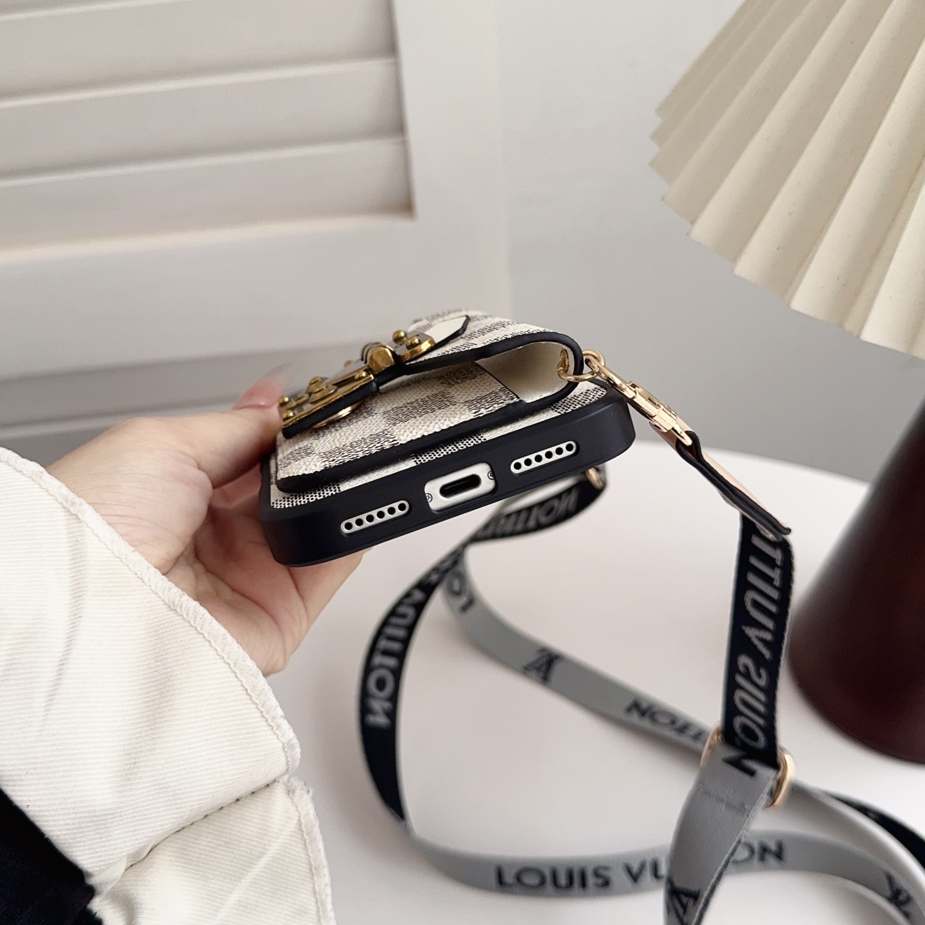 Classic Leather Monogram iPhone Case With Card Holder And Strap-MYK251305