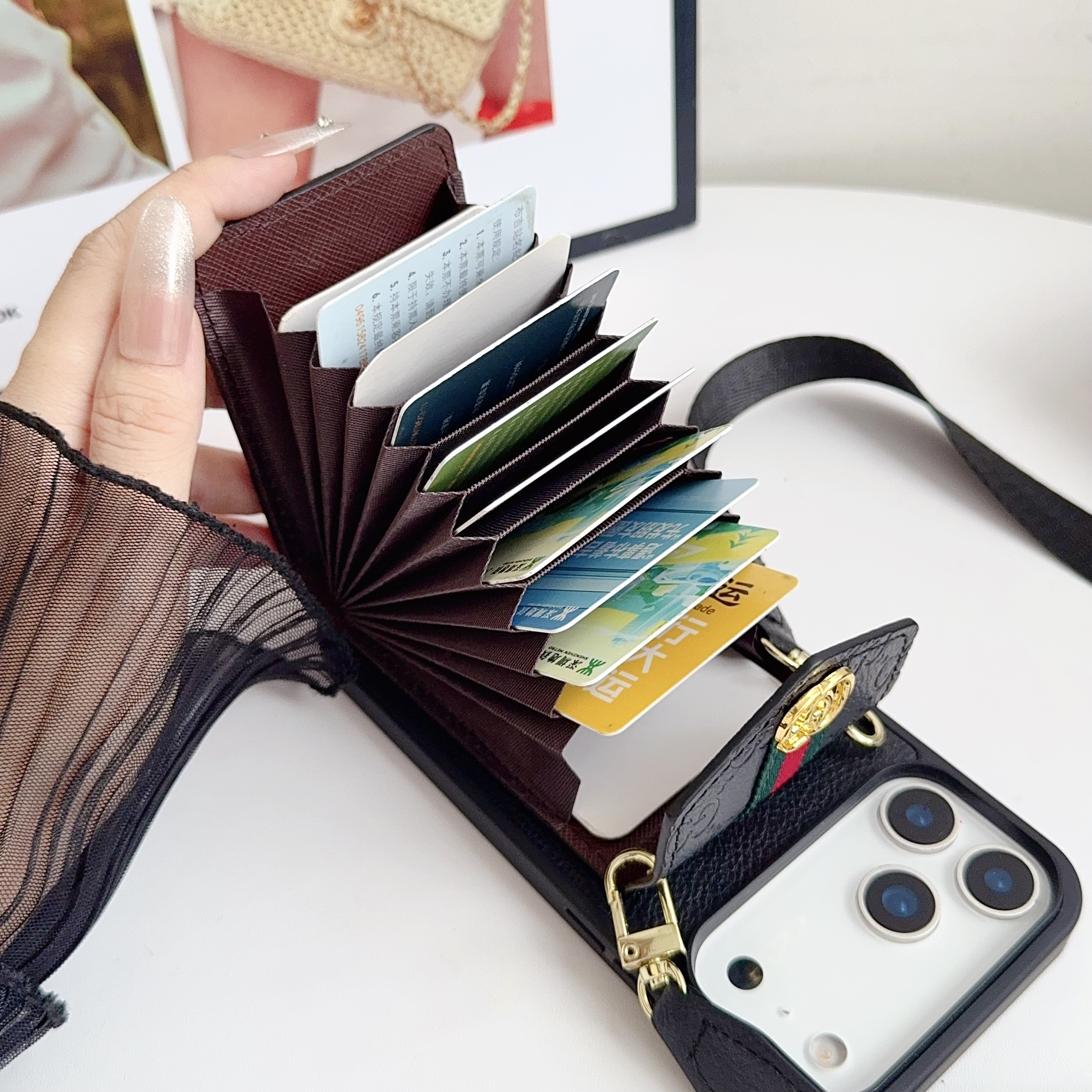 Leather GG iPhone Case With Card Holder And Strap -CZFK251106