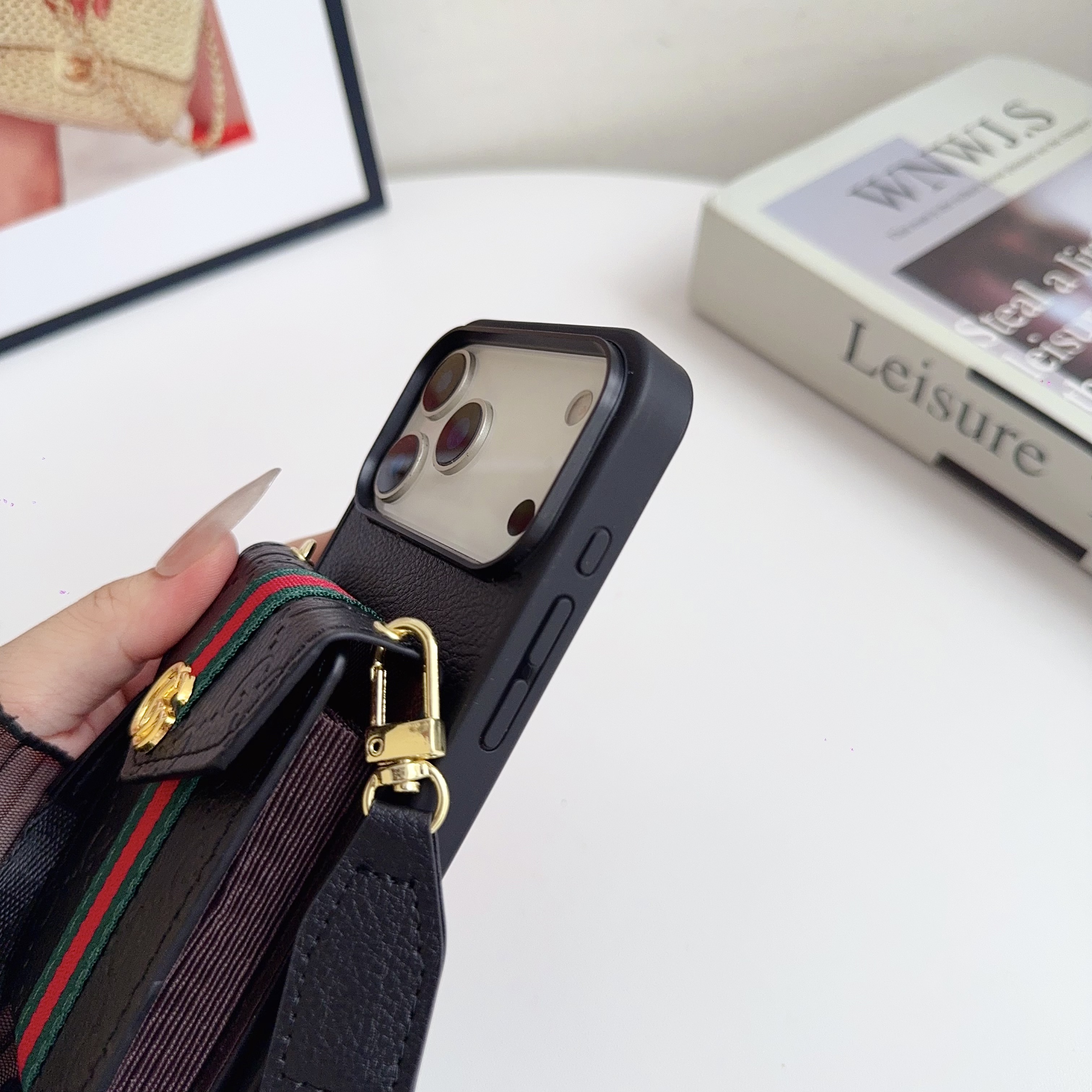 Leather GG iPhone Case With Card Holder And Strap -CZFK251106