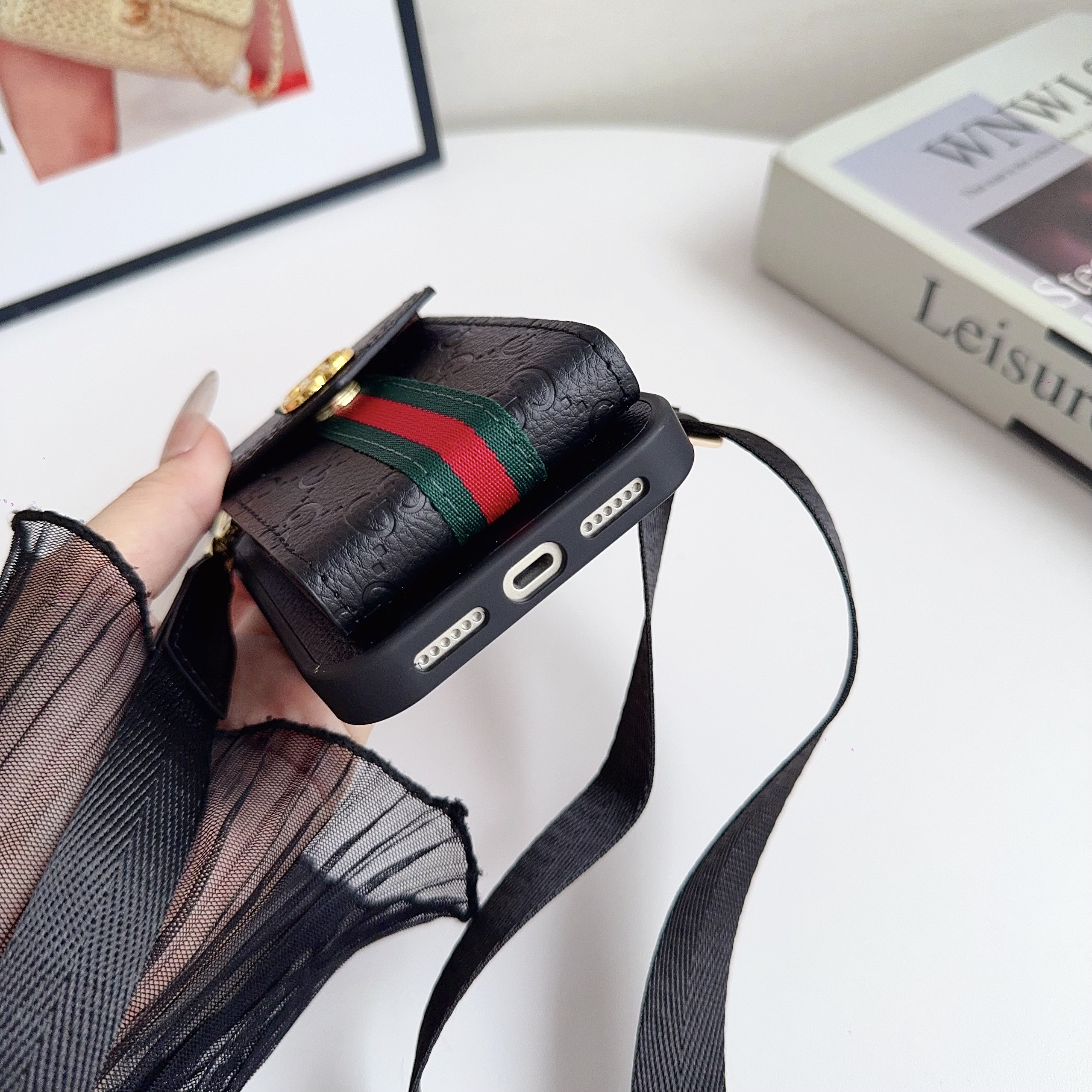 Leather GG iPhone Case With Card Holder And Strap -CZFK251106