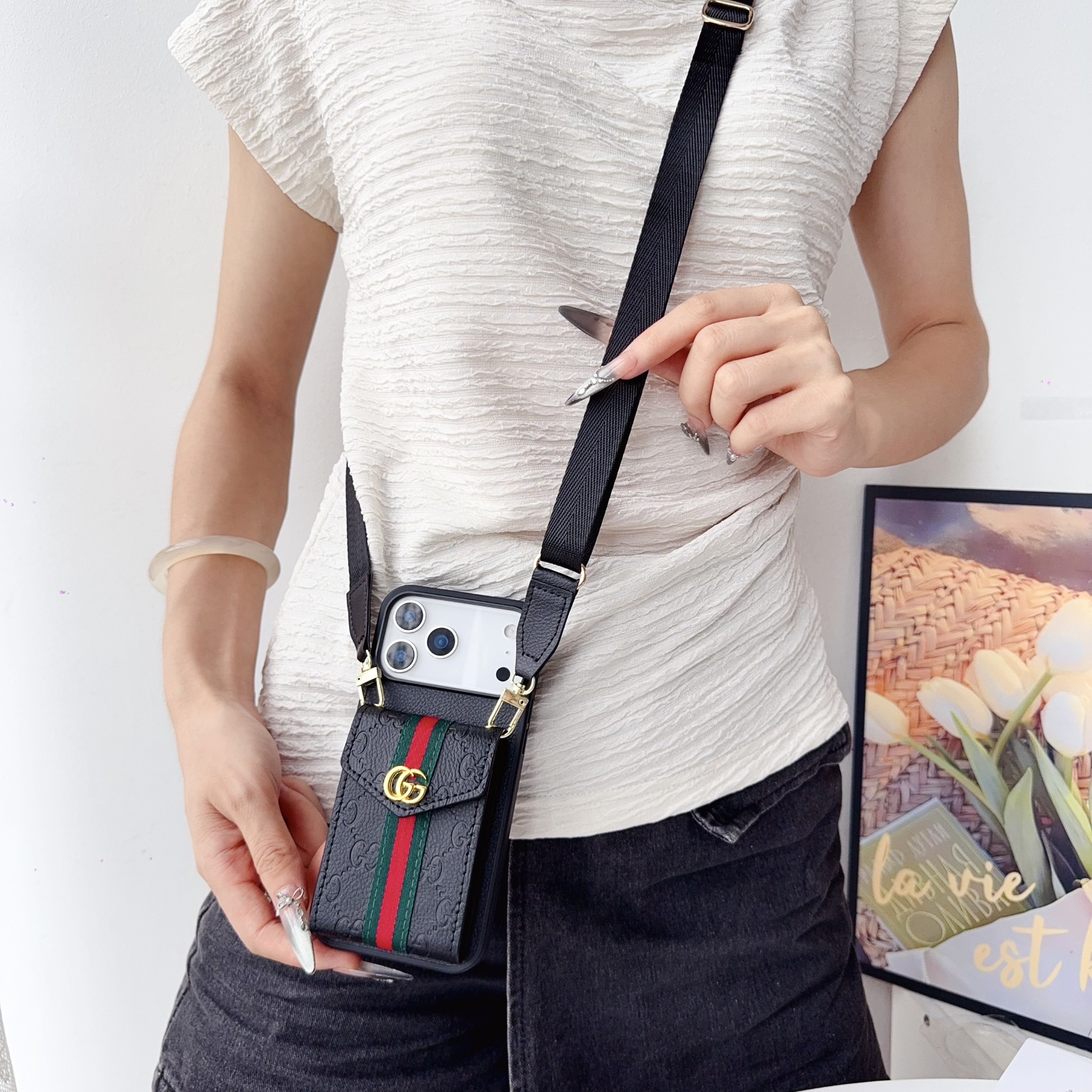 Leather GG iPhone Case With Card Holder And Strap -CZFK251106