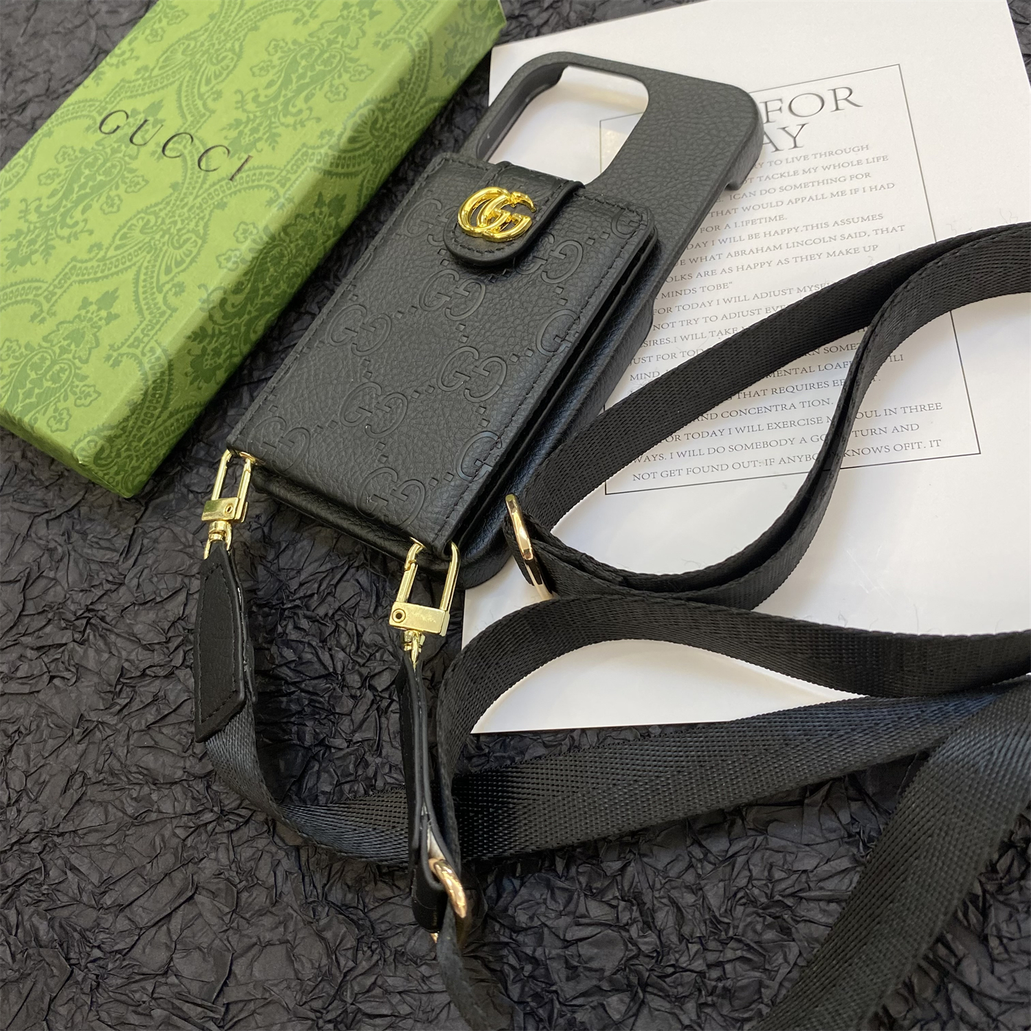 GG iPhone Case With Wallet And Strap Black -SXK240513-GTOCASE