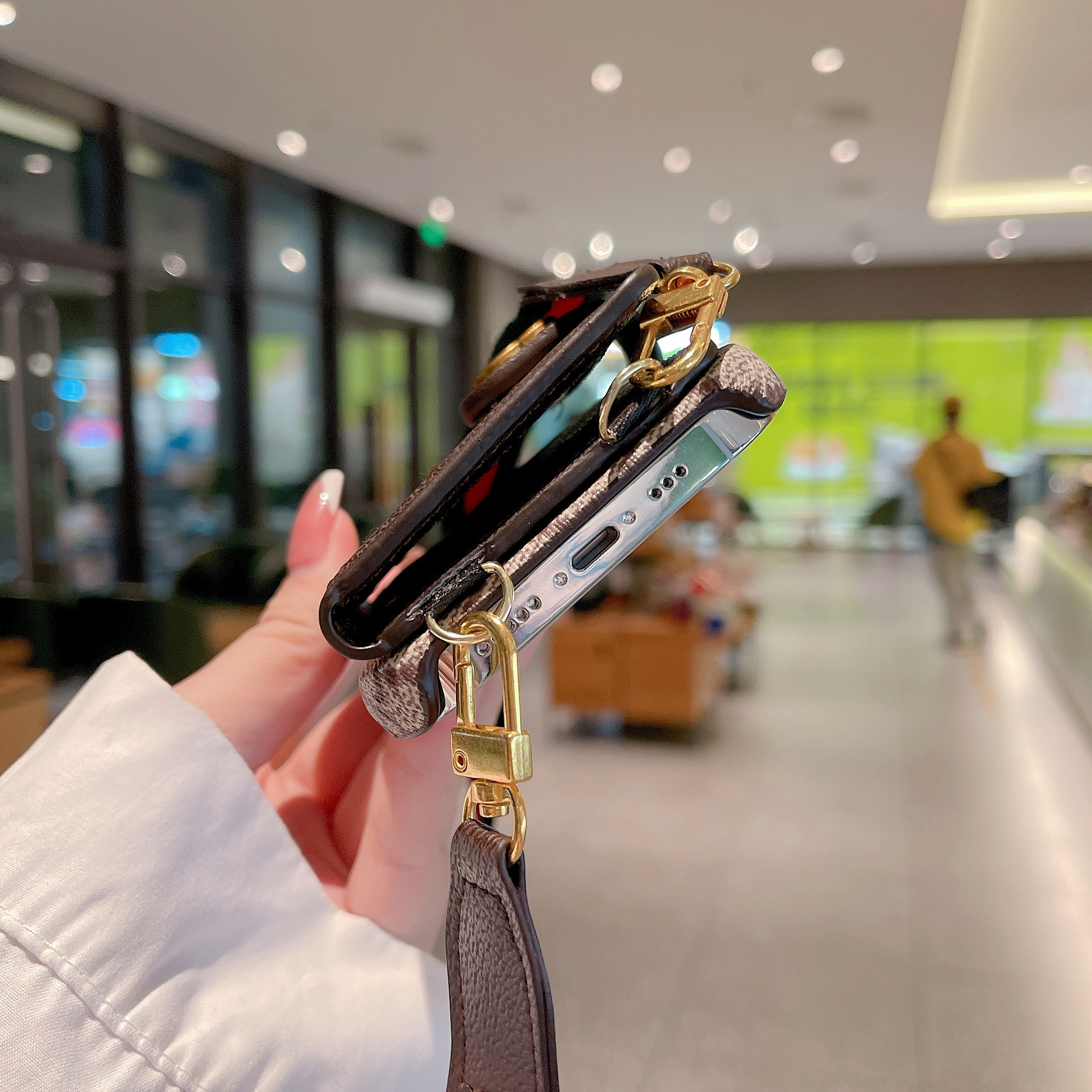 GG iPhone Case With Card Holder And Strap Brown -SZK240401-GTOCASE