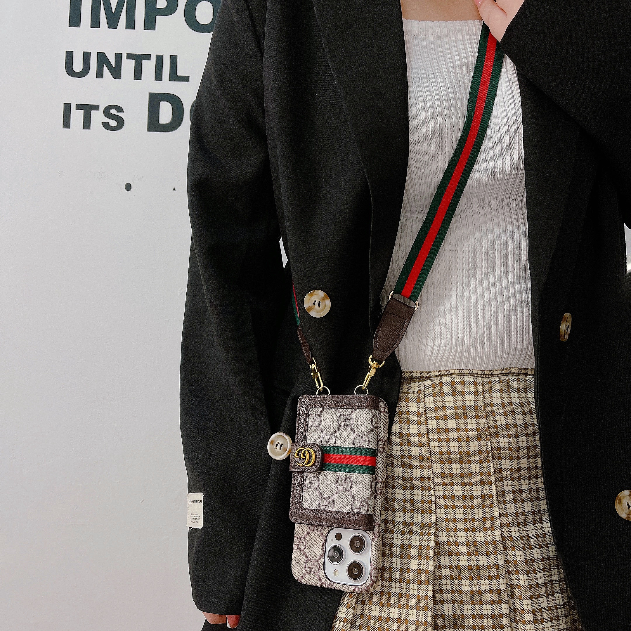 GG iPhone Case With Card Holder And Strap Brown -SZK240401-GTOCASE