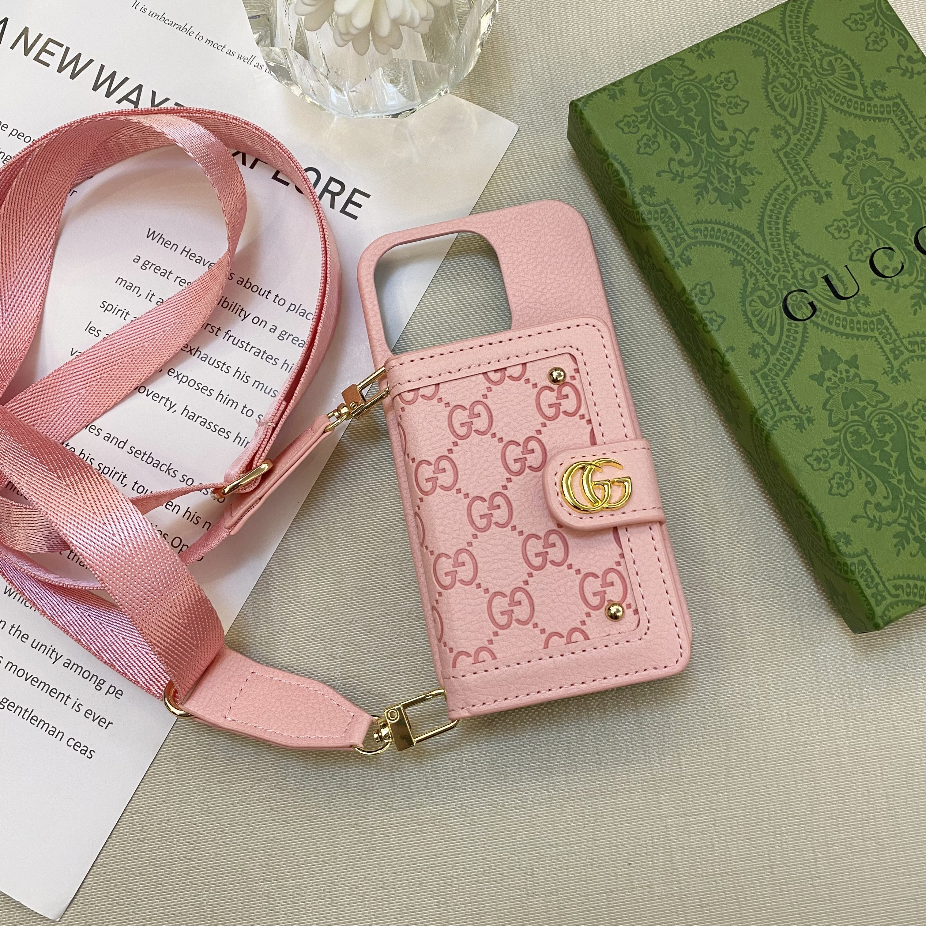 GG iPhone Case With Wallet And Strap Pink -ZY241720-GTOCASE