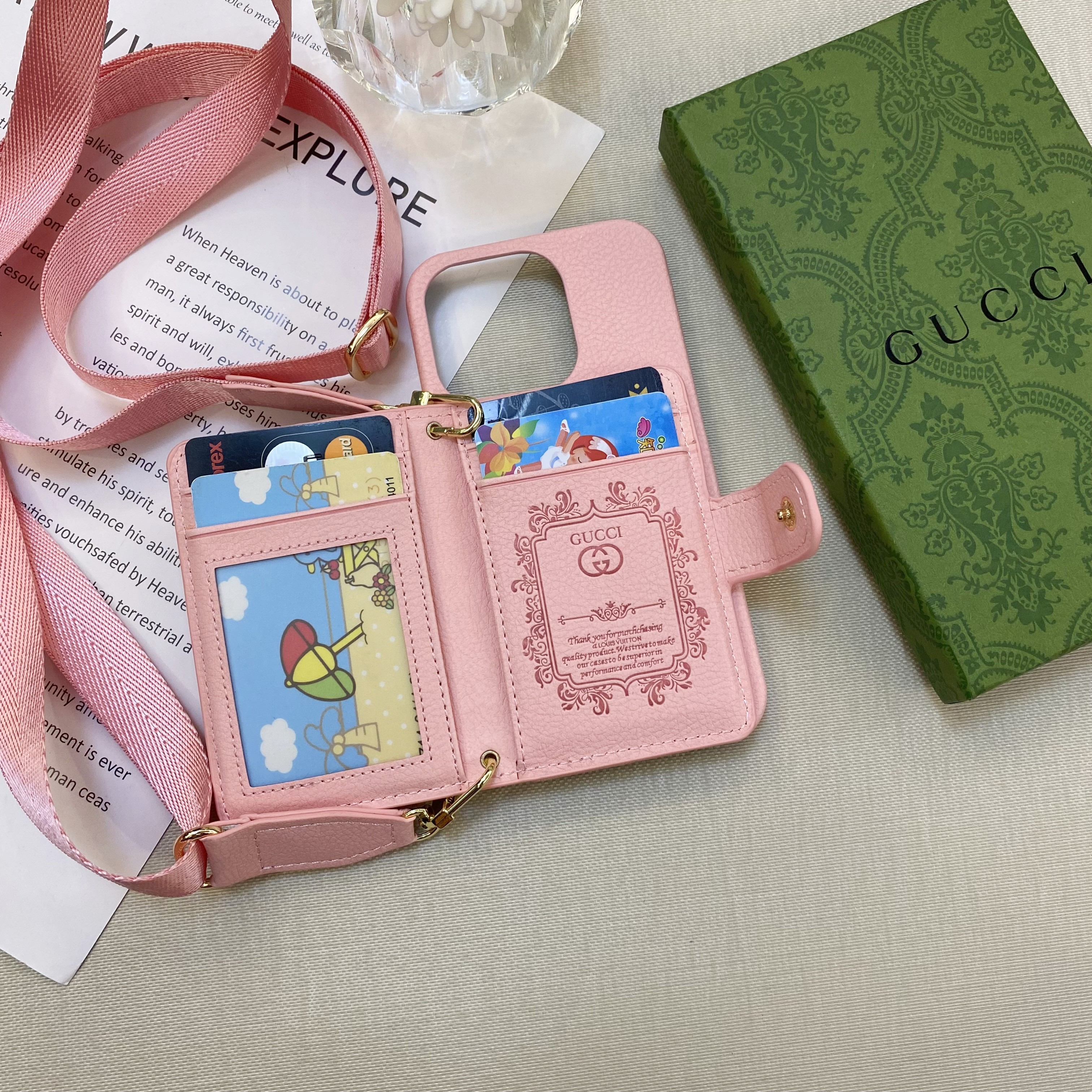 GG iPhone Case With Wallet And Strap Pink -ZY241720-GTOCASE