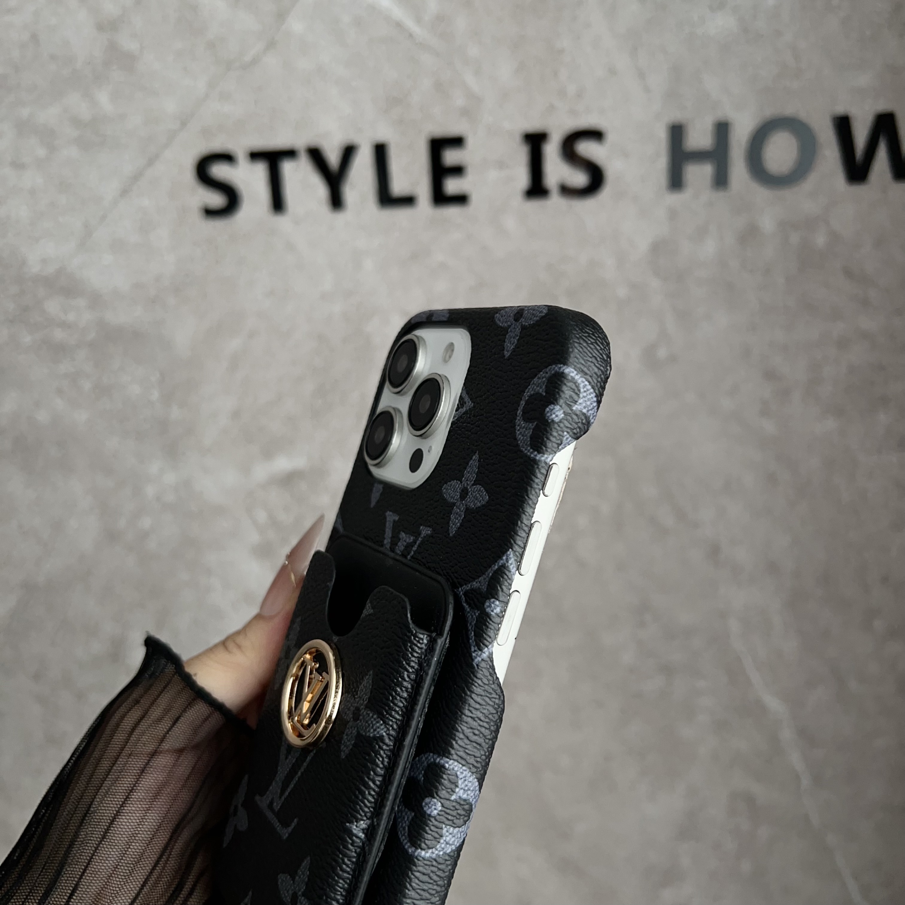 Leather Monogram iPhone Case With Card Holder Big Printing-CKK251157