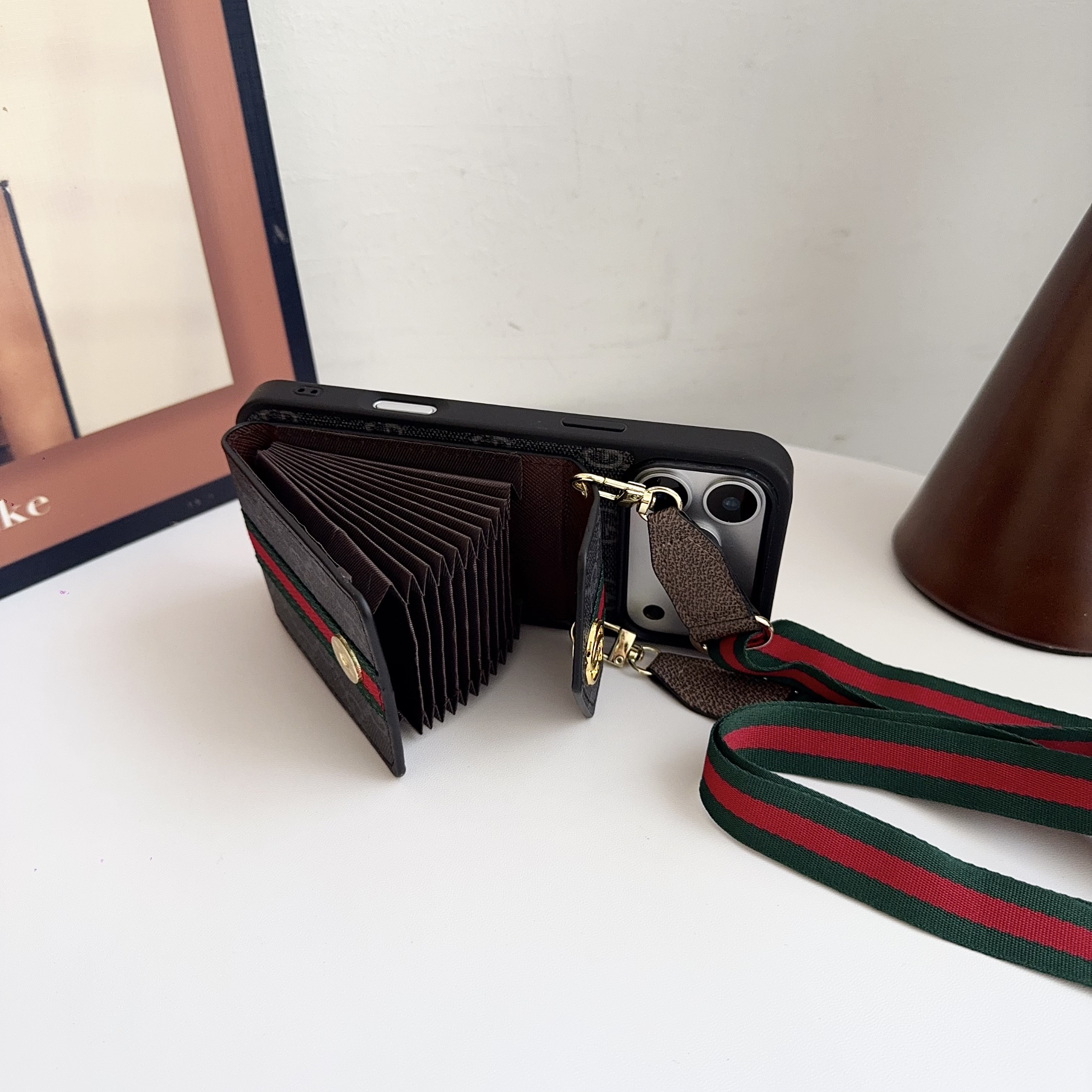 Classic Leather GG iPhone Case With Card Holder And Strap Black-YHCZ251806