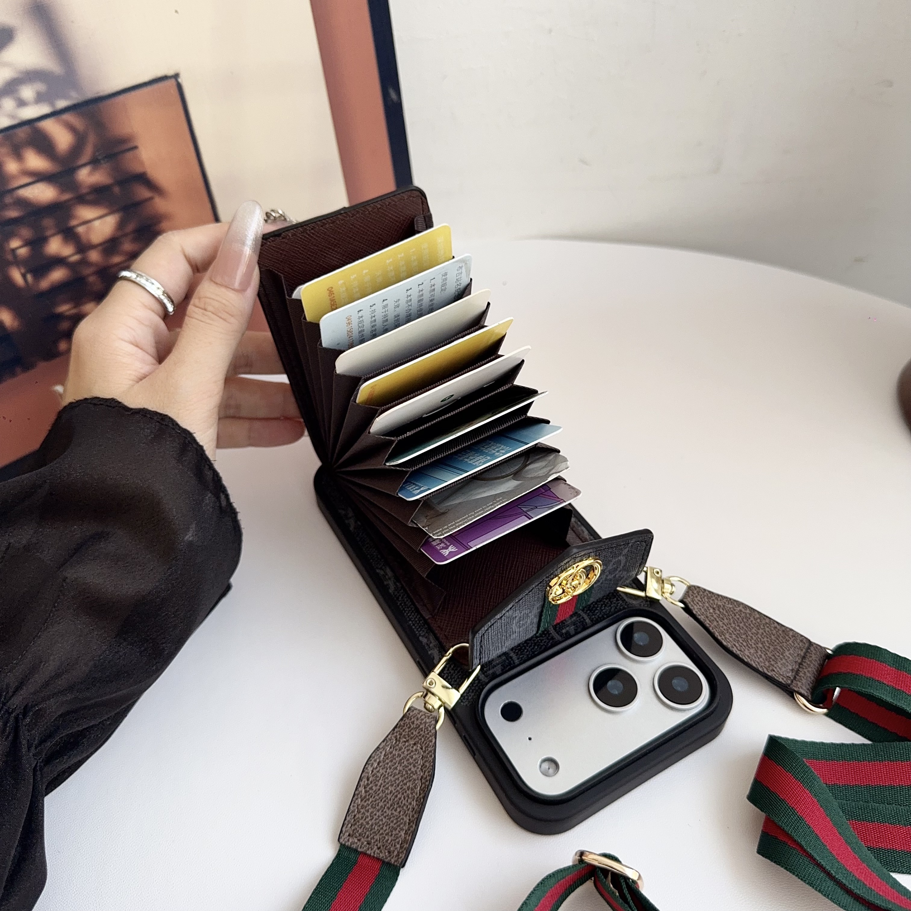 Classic Leather GG iPhone Case With Card Holder And Strap Black-YHCZ251806